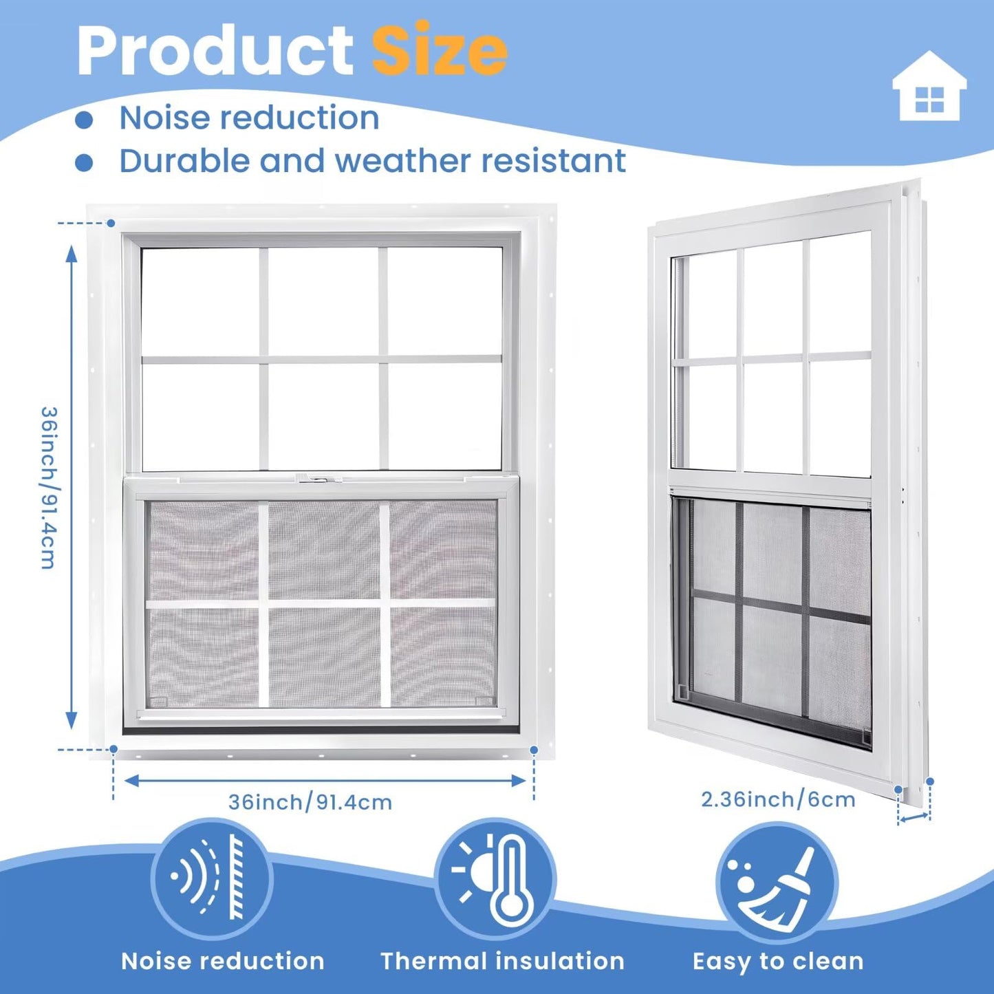 COLORPAPA Vinyl Single Hung Window, 36" x 36" Household Sliding Window with Double-Pane Insulated Tempered Glass, Lower Tilt Sash Screen Included Window for House, Mobile Home (White)