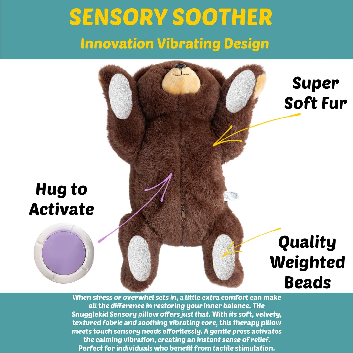Lunapuer Bear Sensory Weighted Vibrating Pillow, Pressure Activated for Kids Adults, Plush Minky Soft Size: 11 by 20 inches Pillow Animal, Calming Therapy for Focus and Balance for Gift Birthday