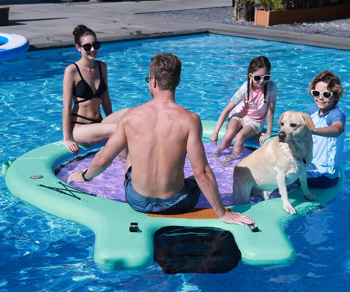 FBSPORT Inflatable Water Hammock Floating Dock with Boat Ramp,Round Floating Ring Inflatable Raft with Cup Holders, Sun Float Chill Tanning Pool Lounger Platform for Lake