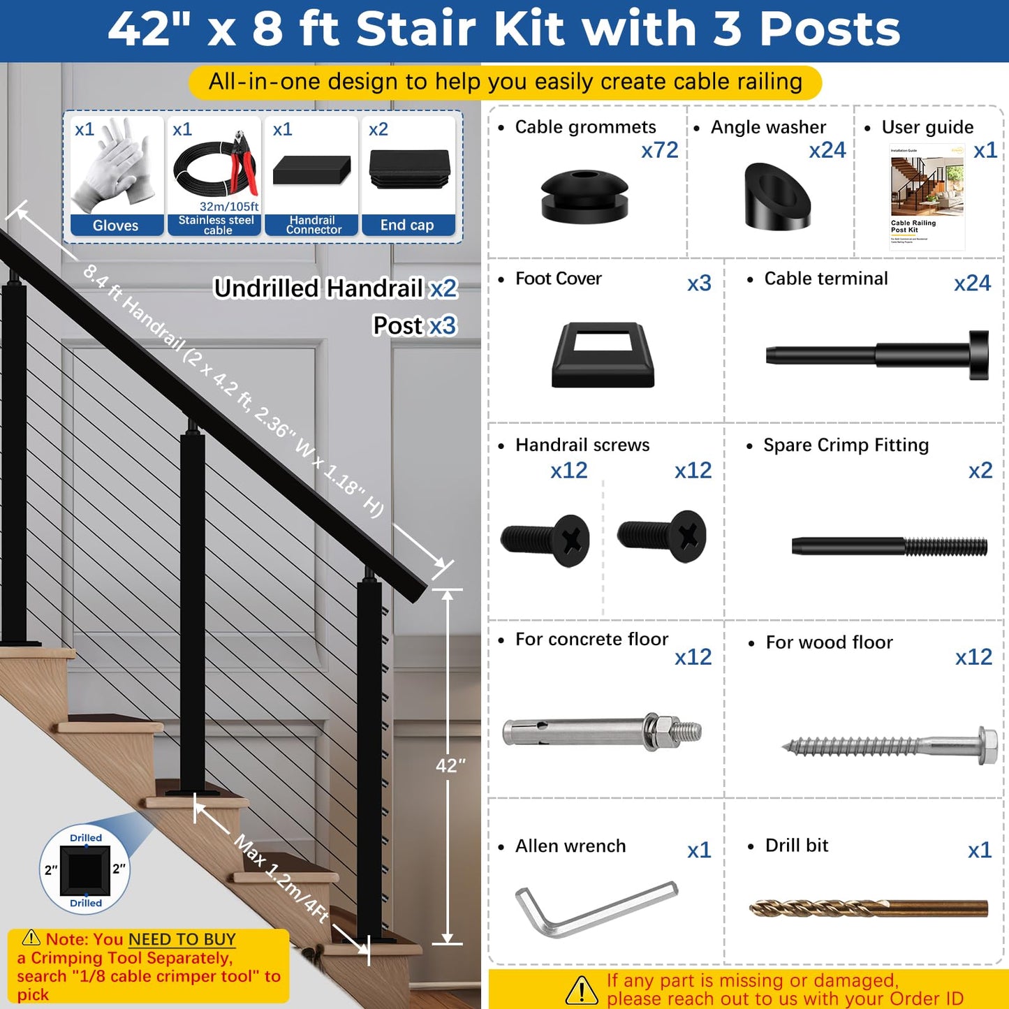 Zylorix 4ft-8ft Complete Set 33° Drilled Cable Railing System 42" with Handrail Cuttable, T304 Stainless Steel Black Angle Cable Railing Posts Kit with 1/8" Cable Railing Hardware for 28-38° Step