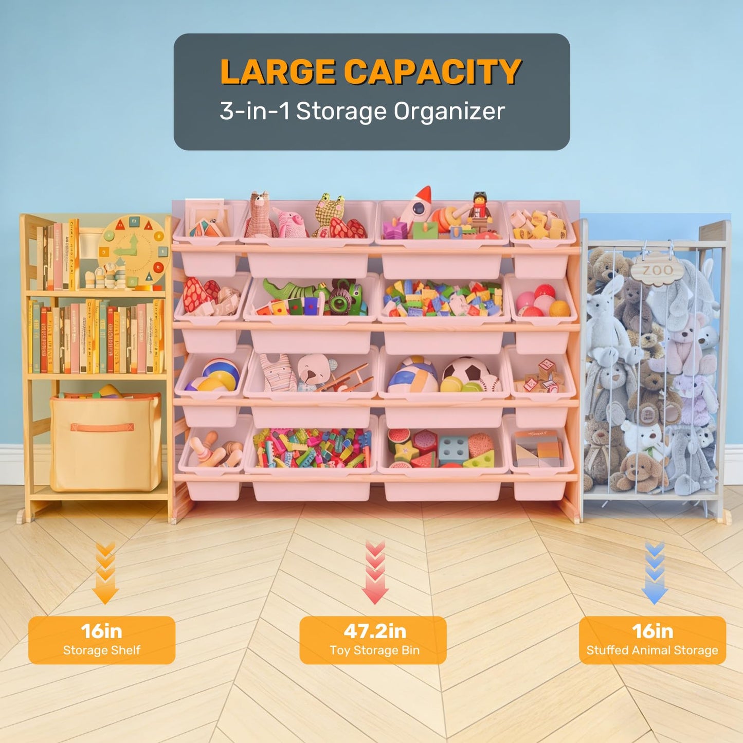 Yazzropt 81" Large Toy Storage Organizer with Bins Shelves & Stuffed Animal Storage for Kids Wood Toddler Playroom Organization with Bookshelf Toys Box Wooden Organizers for Kids Room Nursery Bedroom