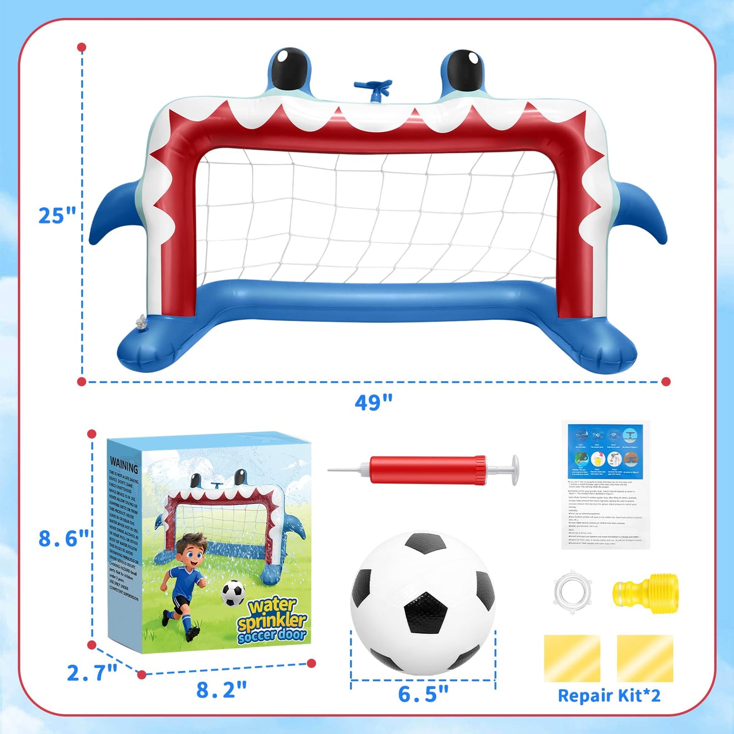 Intoypad Water Sprinkler Soccer Toys, Inflatable Shark Soccer Goal Sprinkler with a Soccer Ball Backyard Outdoor Summer Toys for Boys Girls Outside Yard Water Football Game Toys for Kids Ages 3-8