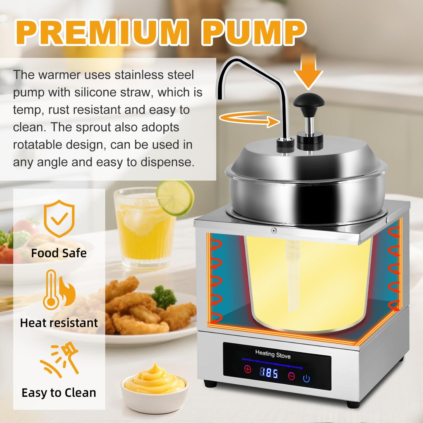 Digital Nacho Cheese Dispenser with Stainless Pump, 7.4Quart Nacho Cheese Warmer Stainless Steel Hot Fudge Dispenser Insulated Pump Dispenser for Cheese Sauce Fudge Butter Caramel