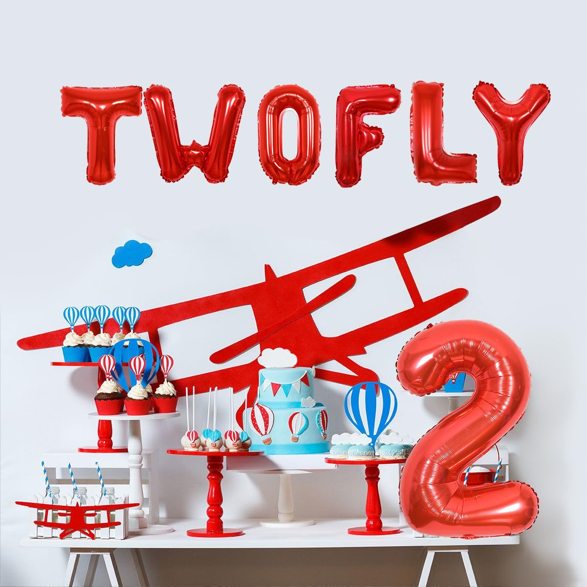 Two Fly Birthday Party Decorations, Airplane 2nd Birthday Decorations for Boys Girls - Blue and Red Balloon Garland, Airplane and Cloud Foil Balloons, Two Fly Letter Balloons