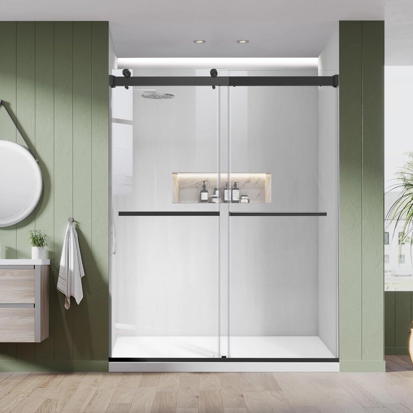 Bathroom Double Sliding Shower Door, 64" W × 76" H Frameless Shower Enclosure with 5/16"(8mm) Clear Tempered Glass Door, Matte Black Hardware, for Walk-in Bathroom