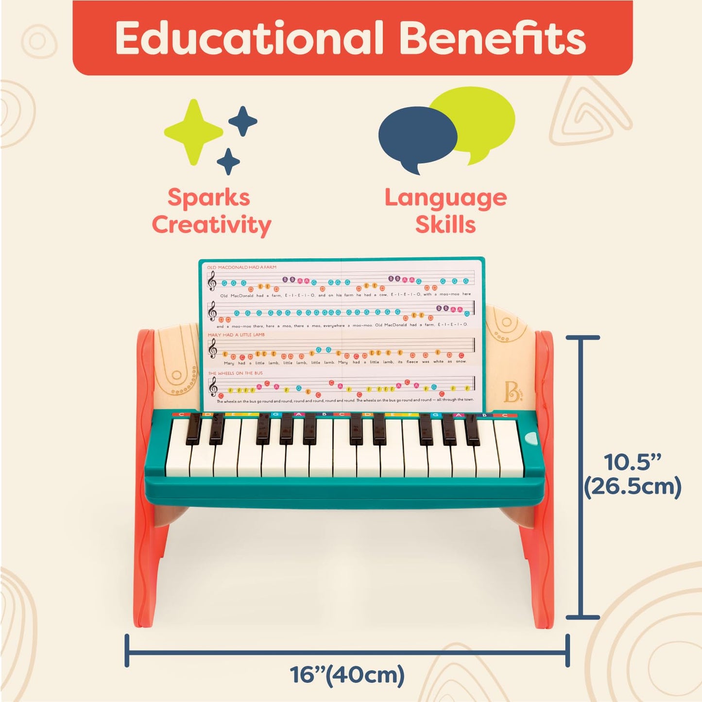 B. toys – Wooden Toy Piano for Toddlers, Kids – Color – Coded Keys with Songbook – Musical Instrument for Early Learning & Creativity – 3+ Years – Mini Maestro