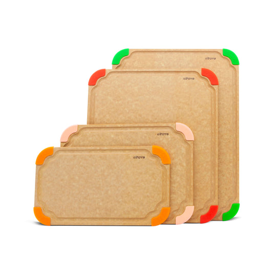 Elihome Cutting Wise 4pcs Kitchen Cutting Board Set, Non Slip Feet, Color Coded with Food Icon, Natural Wood Fiber, Dishwasher Safe, Eco-Friendly, Juice Grooves,Non Porous, BPA Free, Made in USA