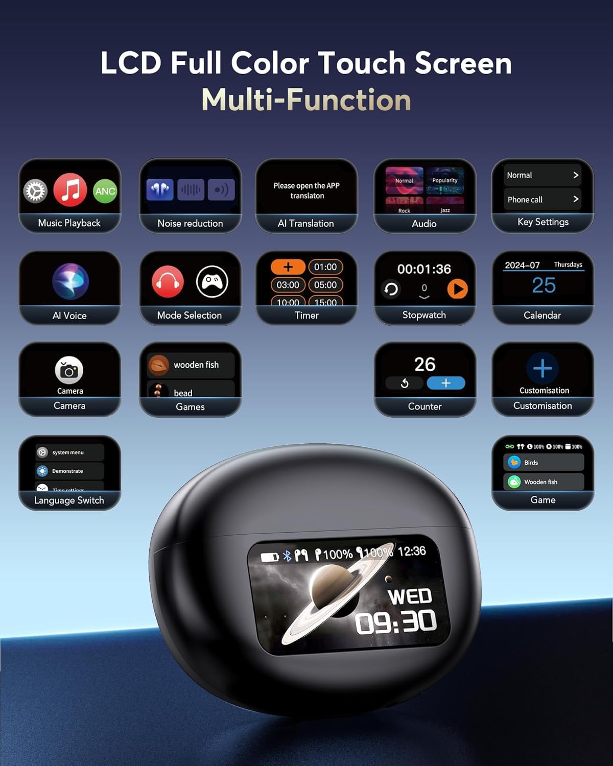 AI Translation Earbuds Real Time, Multifunctional Touch Screen Translator for 144 Languages & Accents Audifonos Traductores Inglés Español Noise Canceling Headphones for1Travel Business Learning Black
