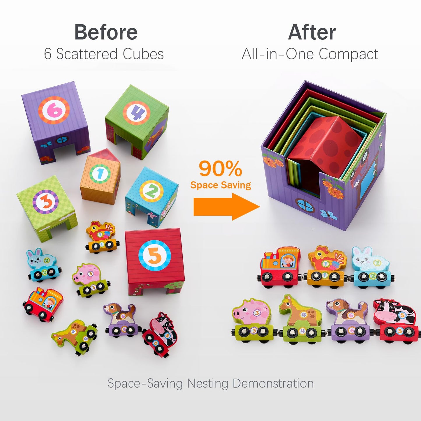 Atoylink Stacking Blocks Nesting Toys with Magnetic Animal Train, 6 Farm Cubes Number Learning Set for Toddlers 18M-6Y, Montessori Educational Counting Toy for Boys Girls, Safe Non-Toxic Kids Gift
