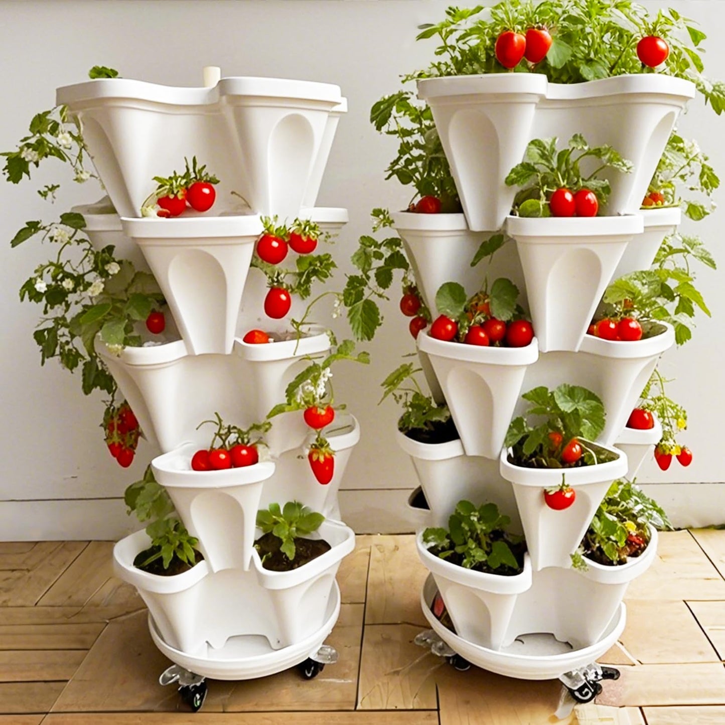 Lykvrii 7 Tiered Strawberry Planters 2 Pack, Vertical Stackable Planter, Herb Stacking Tower Garden, Flower and Vegetable Planters with Support Pole Indoor & Outdoor with Removable Wheels - White