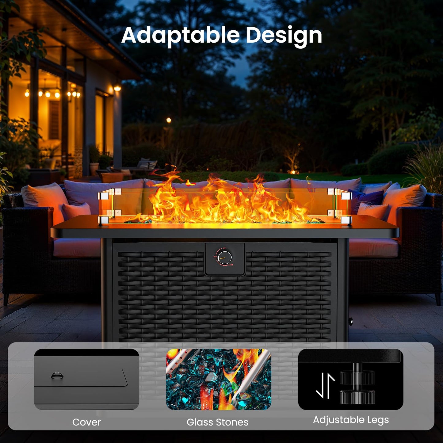 Ciays 43-Inch Rectangular Propane Fire Pit with 60,000 BTU Output, Fire Pit Table Premium Gas for Outside Patio with 304 Stainless Steel H-Burner, Glass Stones, and Wind Guard,Black
