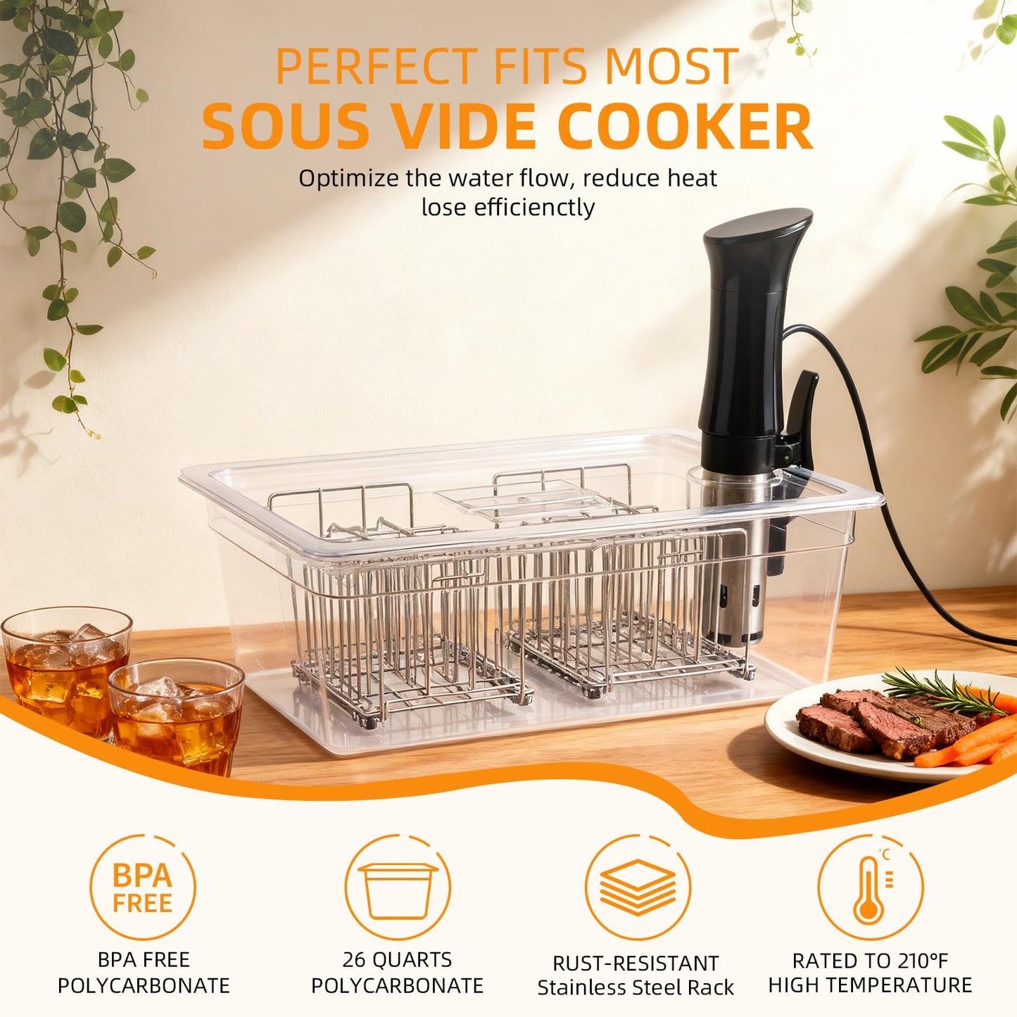 WELKOR Sous Vide Container 26 Quart with Lid & 2 Racks, Large Precision Cooker Water Bath Tank, Food-Grade PC Material, Heat Resistant (-40°F to 212°F) for Anova, Joule, Instant Pot