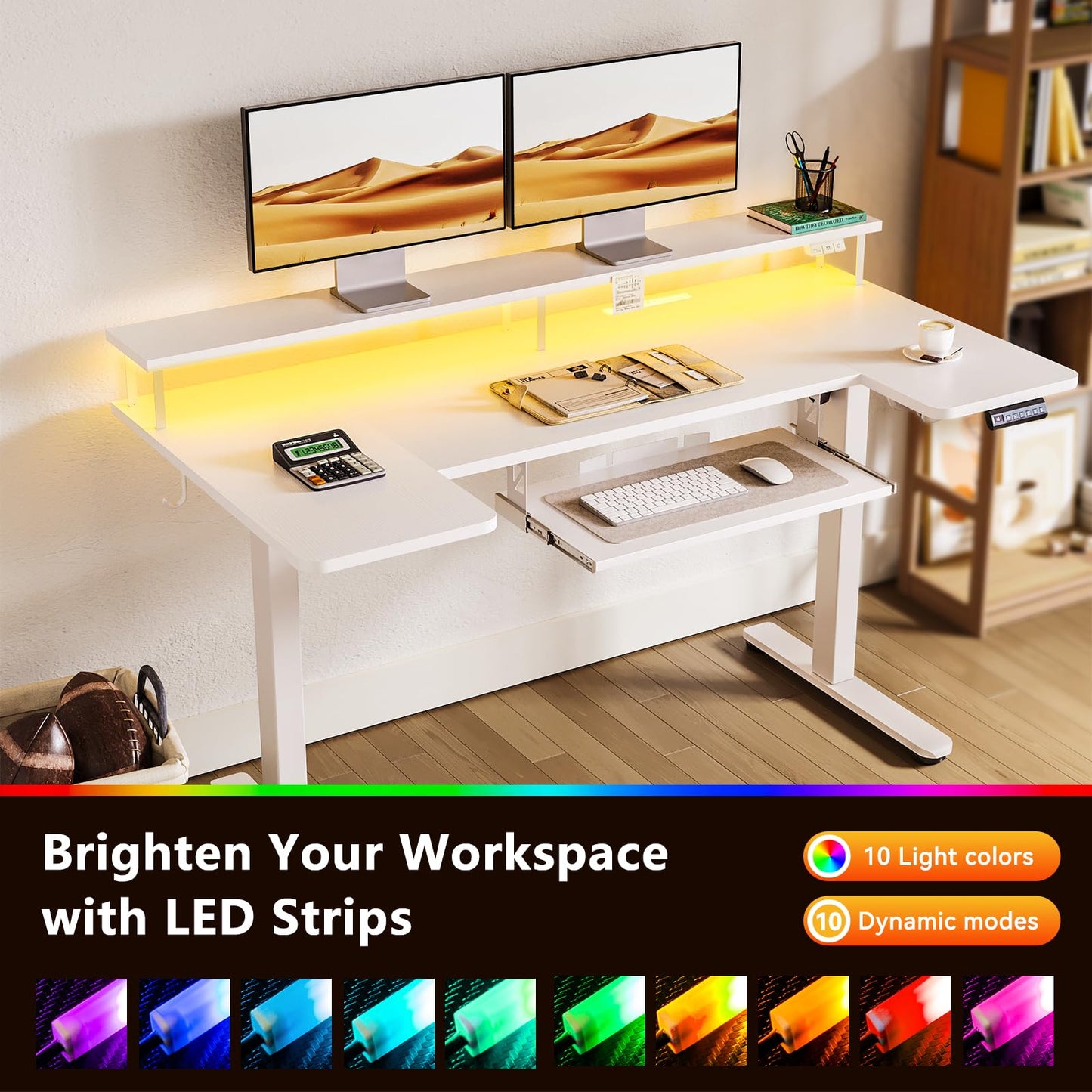 OffiGo U Shaped Electric Standing Desk with Keyboard Tray, 55 Inch Height Adjustable Desk with Power Outlets & LED Lights, Sit Stand Table with Monitor Stand for Home, Office, White
