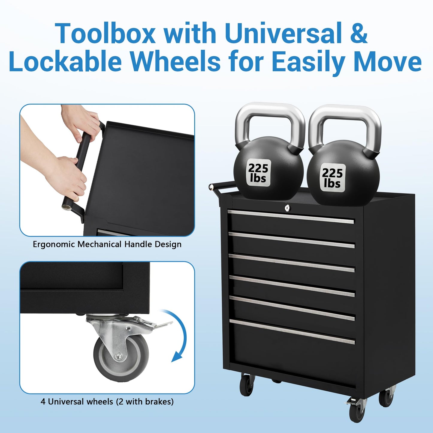 IDEALHOUSE Rolling Tool Chest, 6 Drawers Tool Storage Cabinet, Toolbox with Wheels, Portable Tool Cabinet Organizer with Locking System & Drawer Liners, Tool Storage Cart for Garage, Workshop, Black