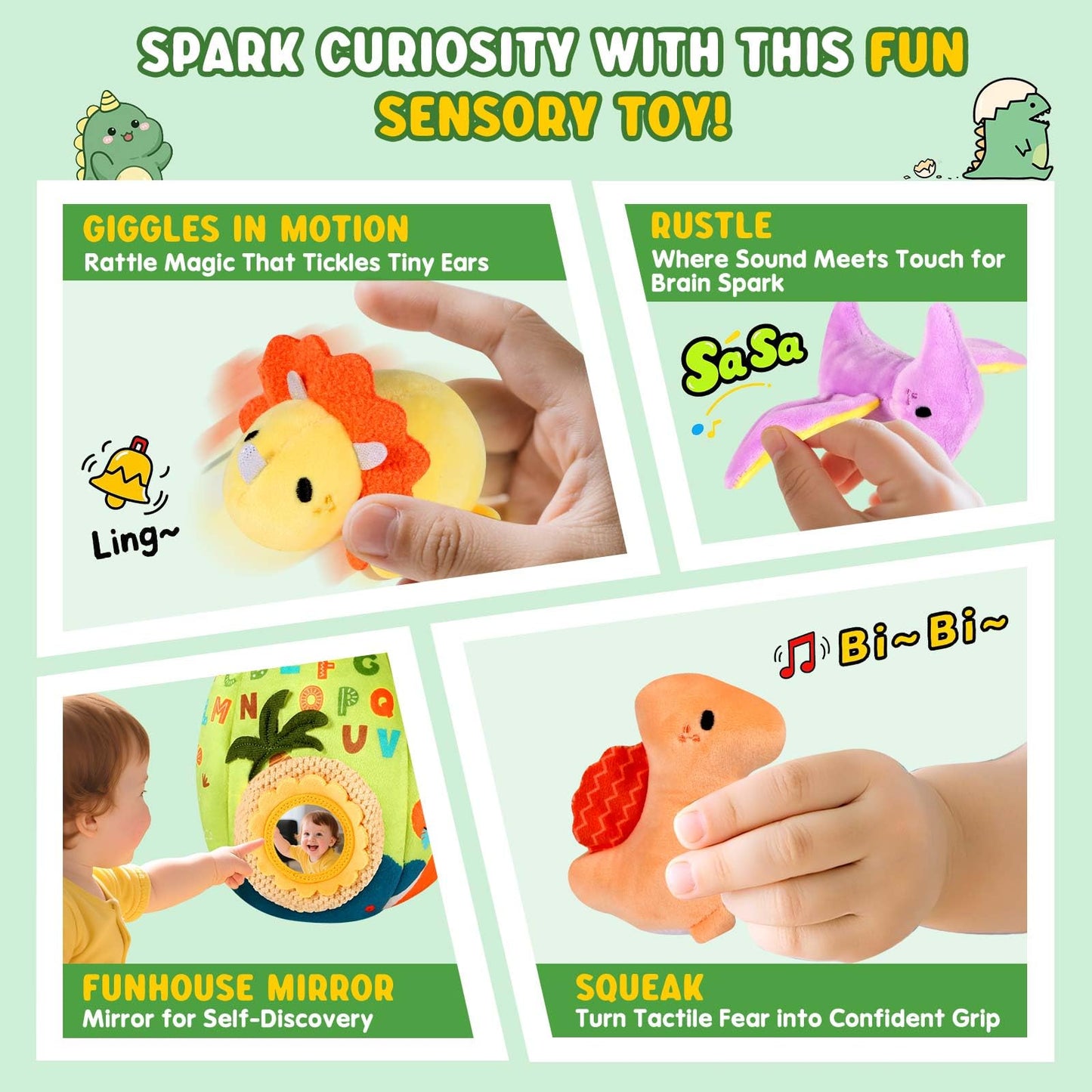 FREYBLI Baby Toys 6-12 Months - Soft Dinosaur Egg Toy with Rattle, Crinkle Paper, Squeaker, Mirror - 6 Month Old Baby Toys Boy Girl Gifts, Baby Sensory Montessori Toys for 6 Month Old Infant Toys