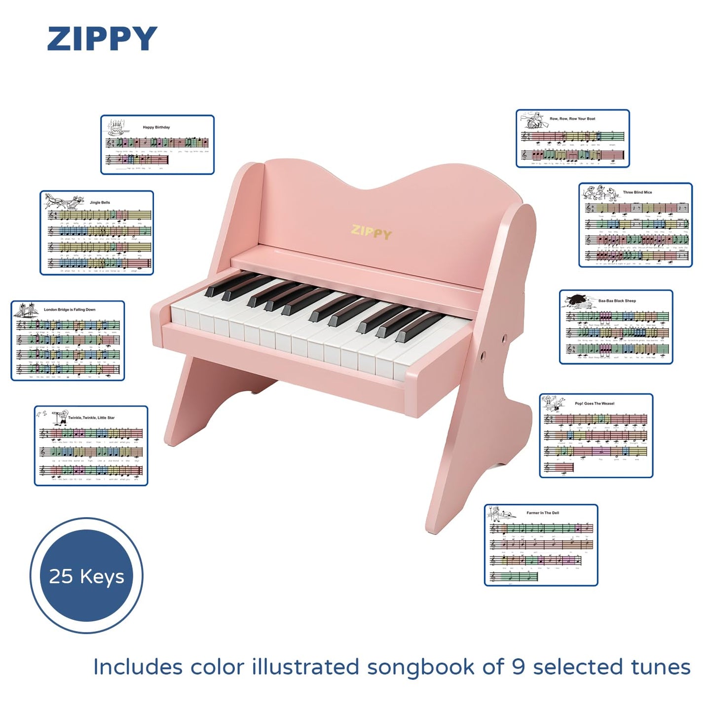 ZIPPY Kids Piano Keyboard, 25 Keys Digital Piano for Kids, Volume Adjustable, Mini Music Educational Instrument Toy, Wood Toy for Toddlers Girls Boys (Pink)