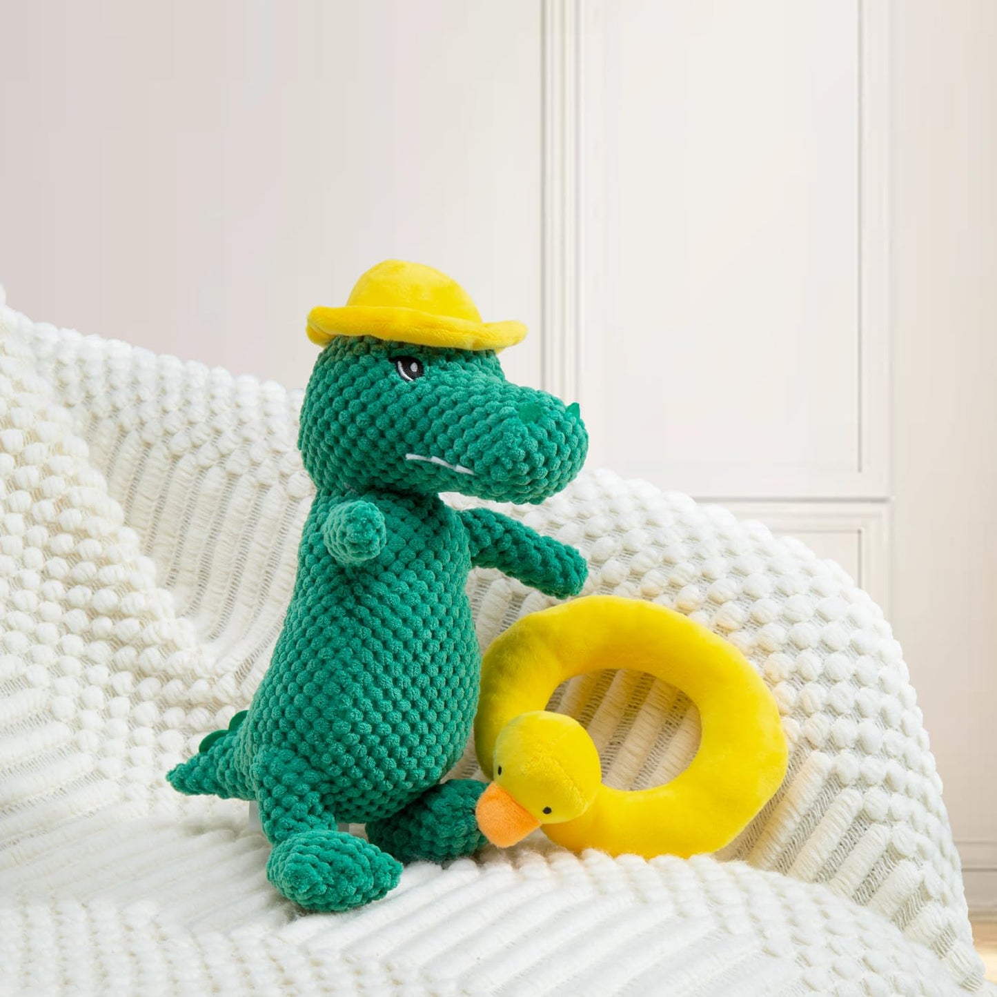 Edlike Squeaky Dinosaur Dog Toy - Multifunctional 2 in 1 Funny Plush Stuffed Animal and Interactive Frisbee Dog Toy for Chewers Puppy Small Big Breed Dogs