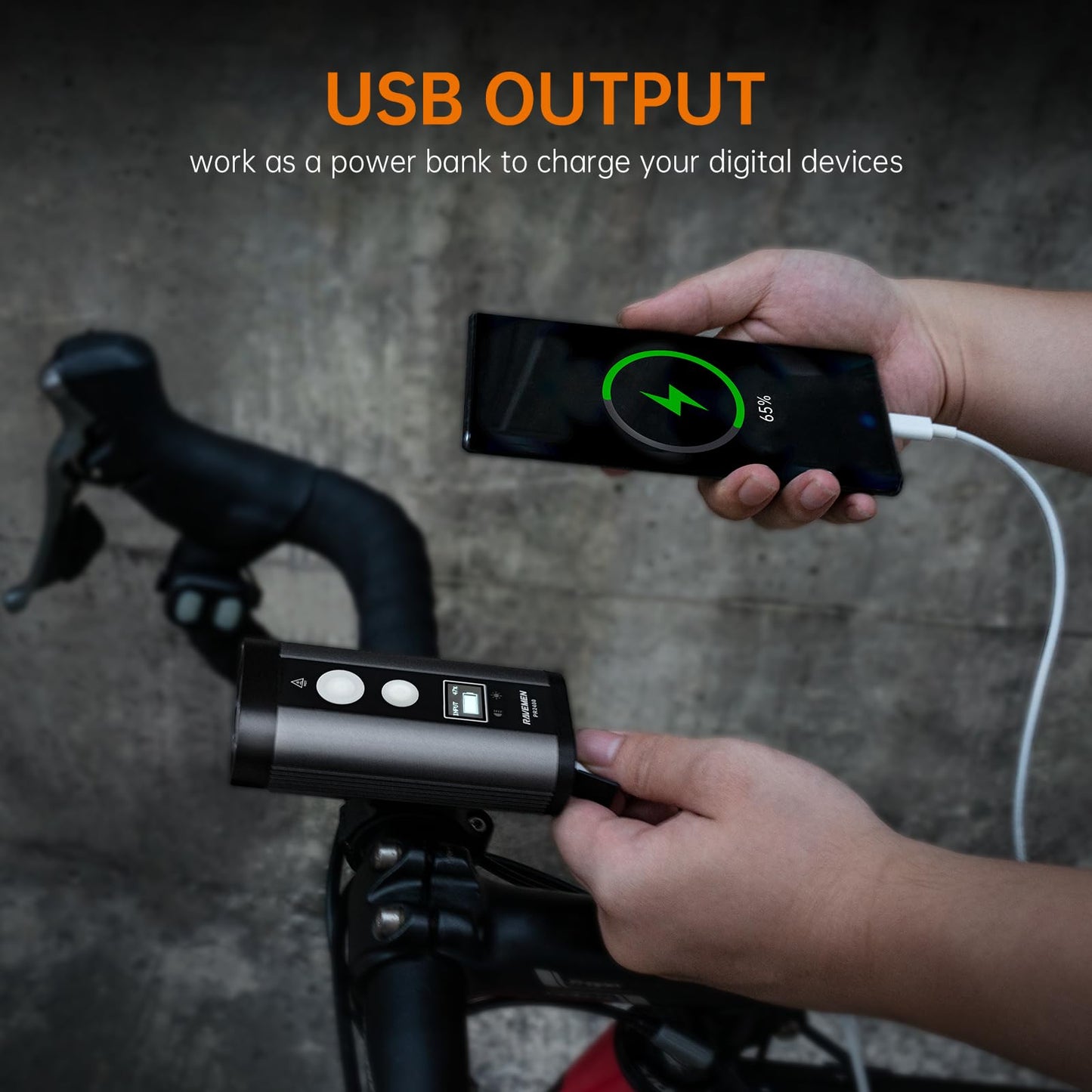 RAVEMEN PR2400 Bike Light for Mountain Biking, 2400 Lumens Bike Headlight with OLED Runtime Display, USB Output, Far Reaching High Beam, Anti-Glare Low Beam, IPX8 Waterproof