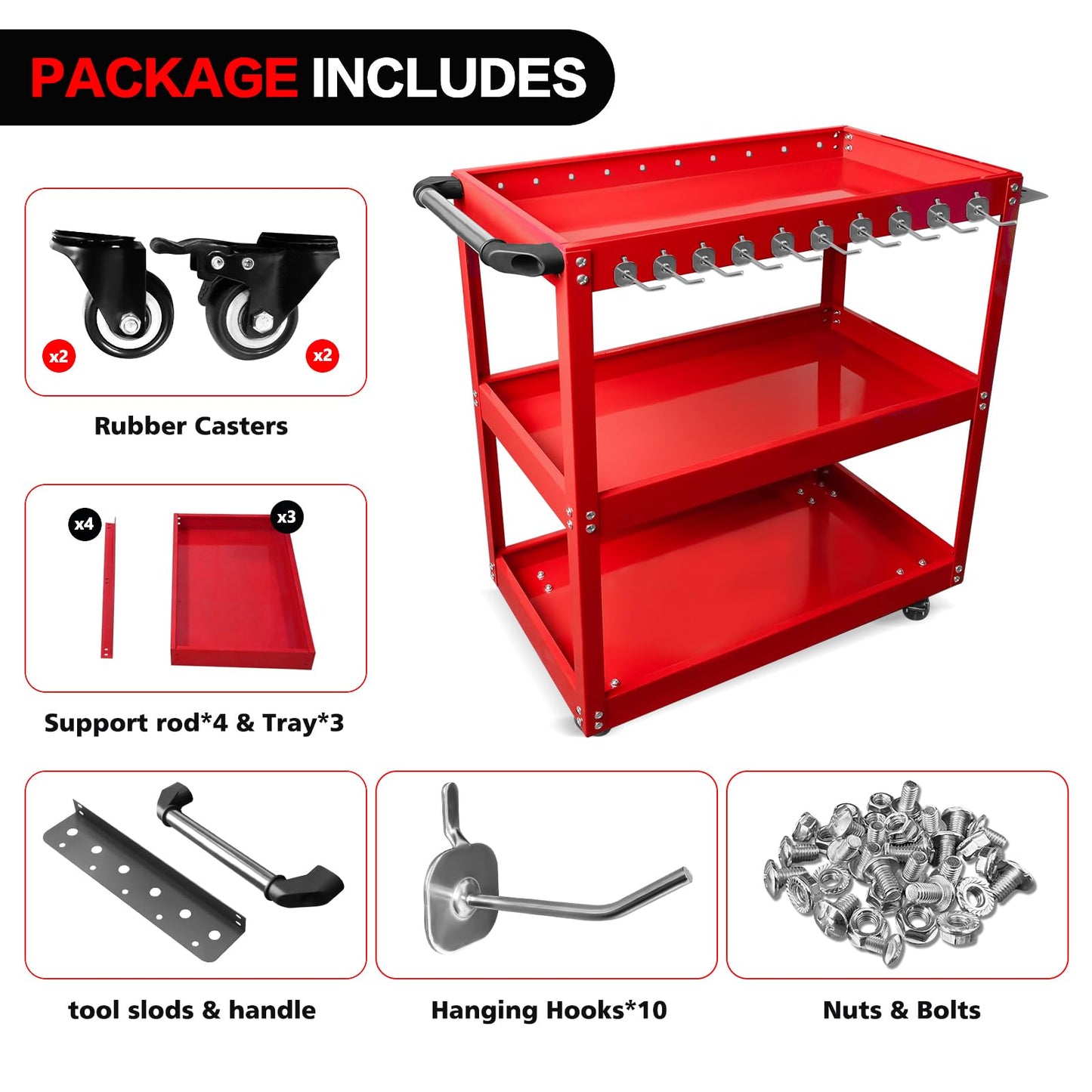 YATOINTO 3-Tier Rolling Tool Cart, Metal Rolling Cart with Side Hooks Wheels, 330LBS Heavy Duty Utility Carts, Handle Rolling Mechanic Tool Cart Storage Organizer for Warehouse Garage