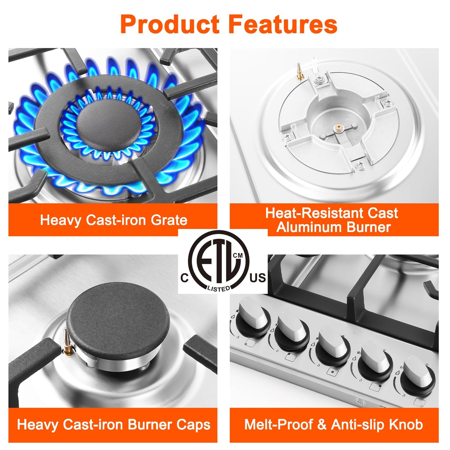 30 Inch Built in Gas Cooktop, 5 Sealed Burners Gas Stove Top, NG/LPG Convertible Propane Cooktop, Auto Ignition, Stainless Steel Surface, Cast Iron Grates, Thermocouple Protection, ETL