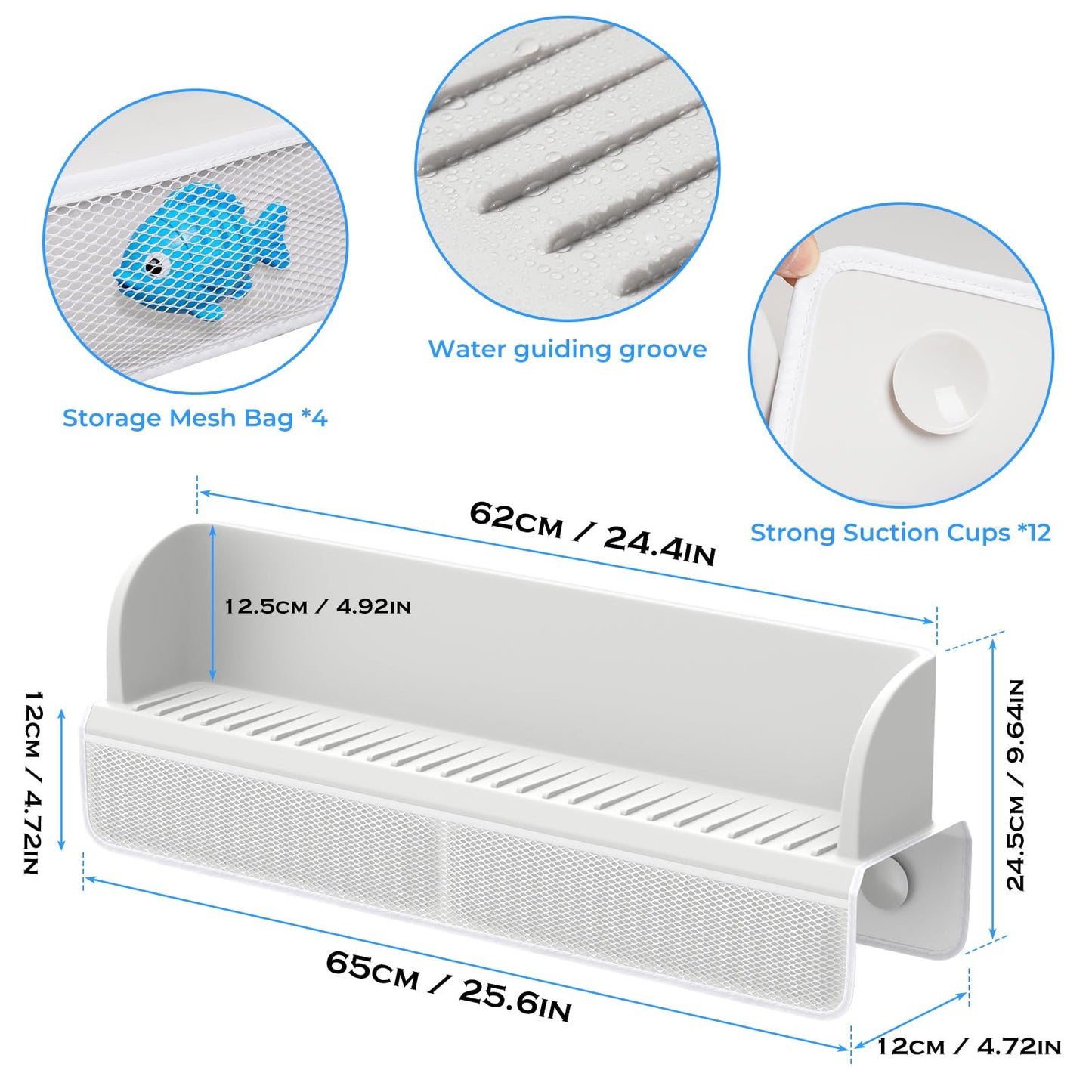 Splash Guard for Bathtub Kids,Toy Tray Caddy Holder Storage,Bath Toy Storage Bag,Guard for Bathtub with Mesh Bathtub Toys Storage,Super Adsorption - Extended Design for Splash Protection,Silicone,Gray