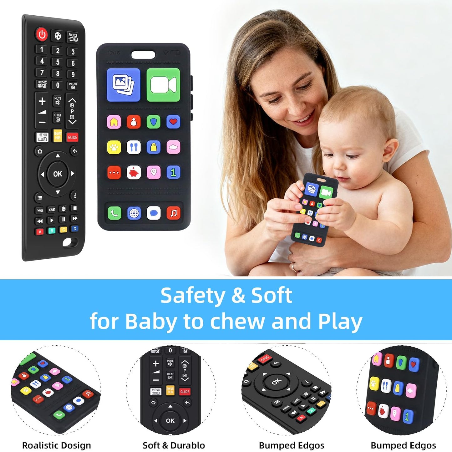 SLUQQHDU Baby Silicone Teething Toys for Babies 0-6 Months,Phone and Remote Teether Toys for Toddlers 6-12 Months,2 Pack Teether Toys Sensory Toys for Babies,Baby Chew Toys for 6-12-18 Months