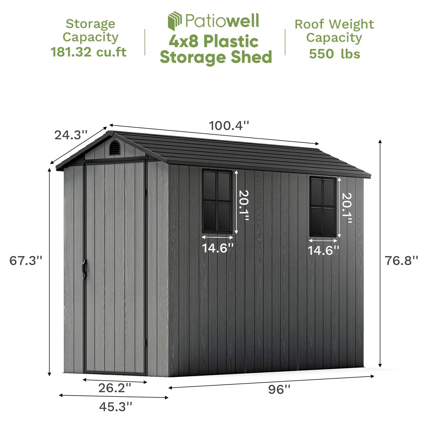 Patiowell 4 x 8 FT Plastic Outdoor Storage Shed with Floor, Garden Tool Shed with Two Windows and Single Lockable Door for Garden, Backyard, Lawn, Easy to Install, Dark Grey