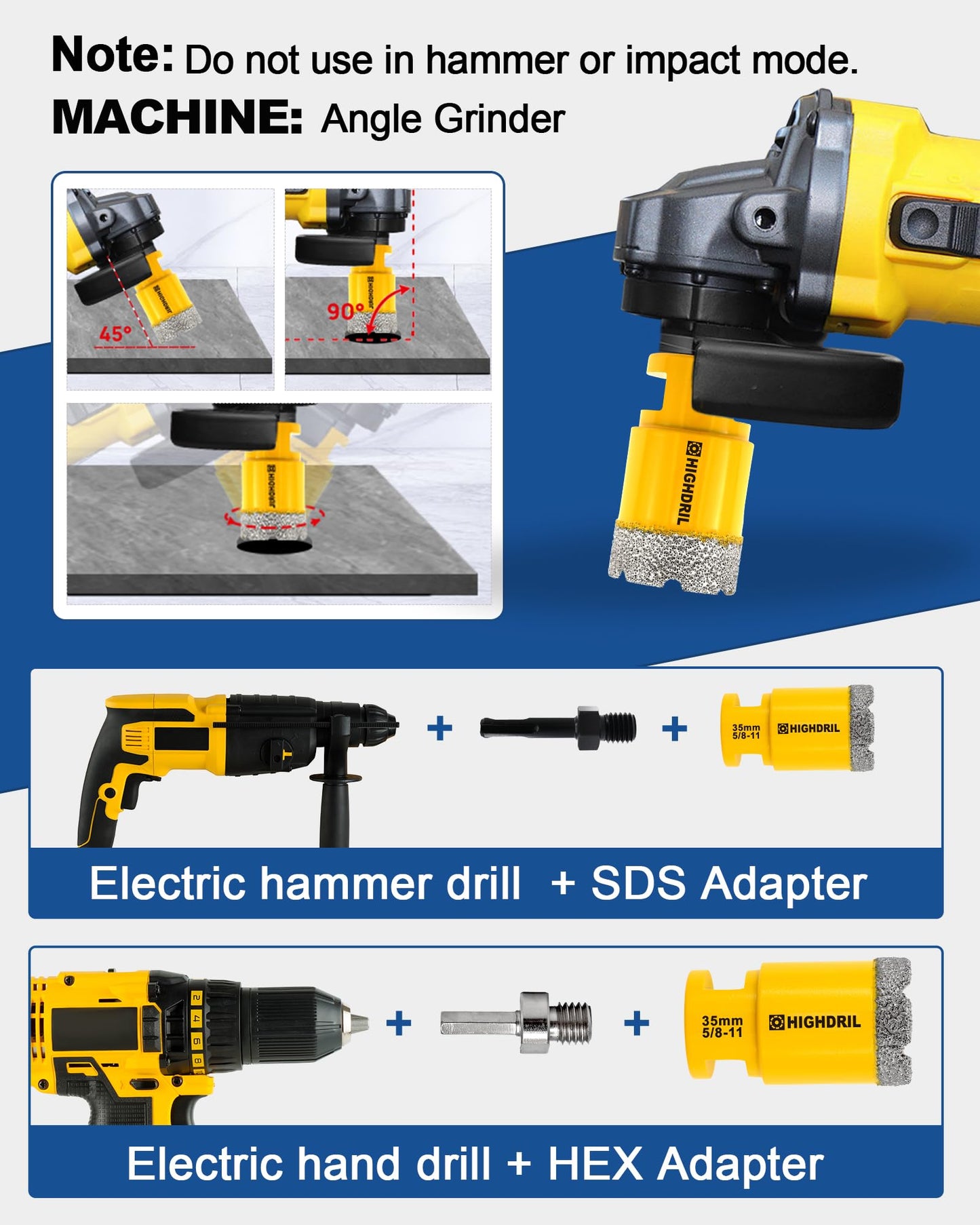 HIGHDRIL 13Pcs Diamond Hole Saw Kit - 1/4", 5/16", 3/8", 1", 1-3/8", 2", 3", 5" Drill Bits with 2" Chamfer Bit, 4/5" Finger Bit, Adapters for Tile Porcelain Ceramic Granite Marble Stone