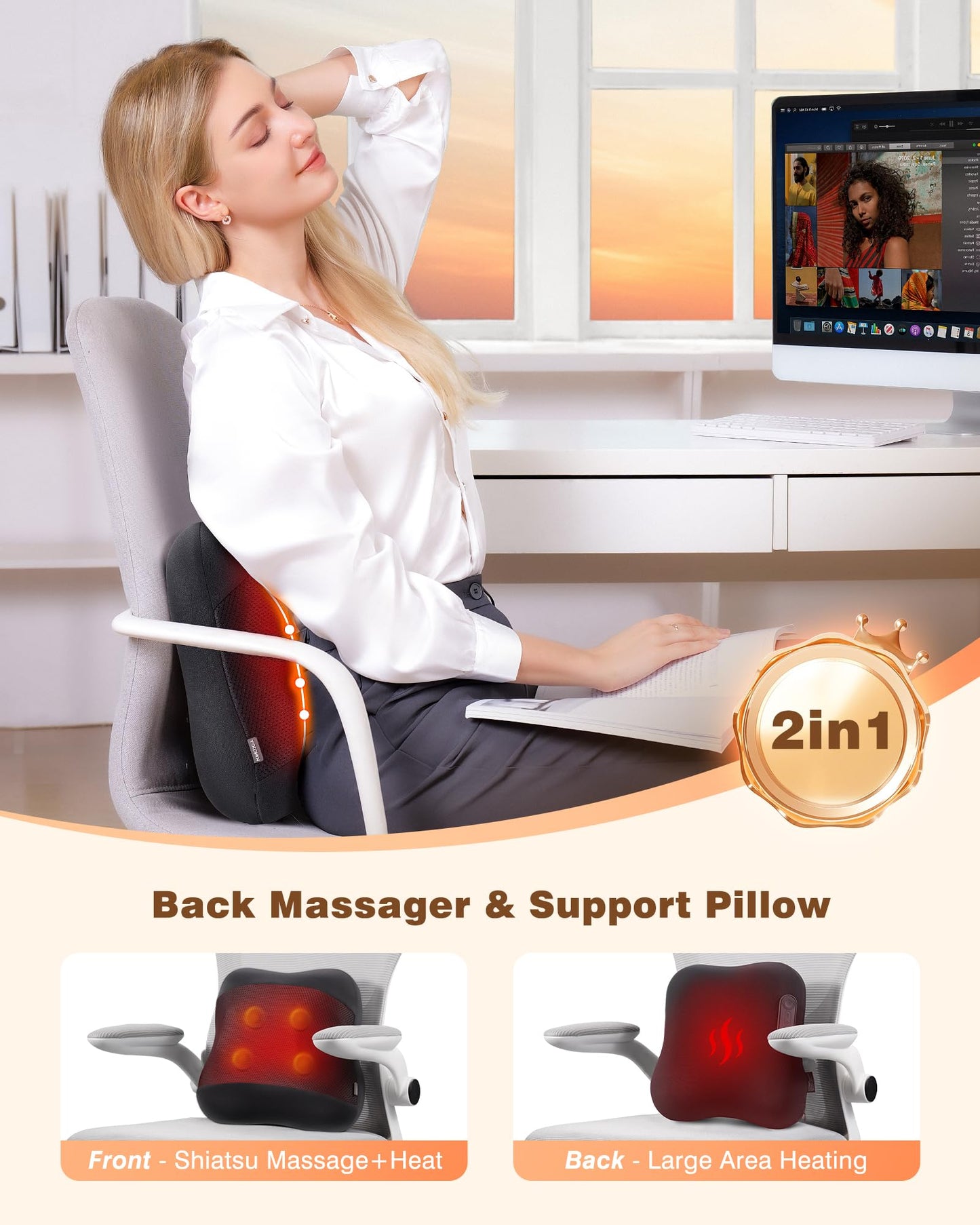 KINGJOY 2-in-1 Cordless Shiatsu Back Massager with Heat, Upgraded 4D Liftable Massage Nodes & Dual-Side Heating, Deep Tissue Kneading for Back Pain Relief, Gift for Women Men, Home Office Use