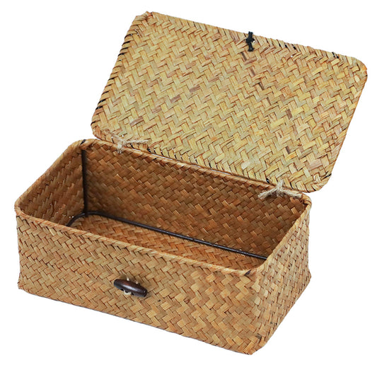 Wicker Storage Basket with Lid, Natural Seagrass Storage Baskets for Organizing, Rectangular Woven Basket for Storage, Decorative Boxes Bins with Lids Home Organizer Decor