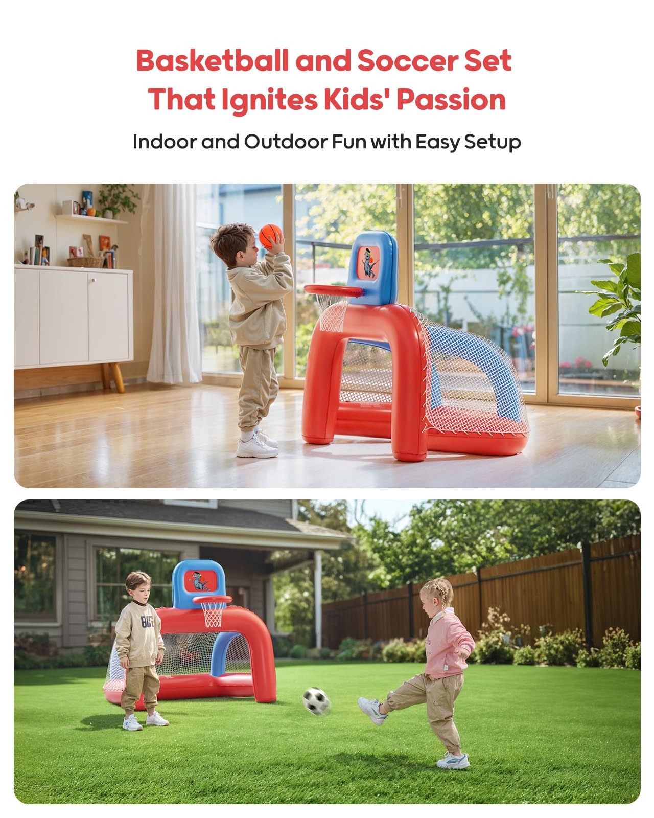 QPAU 2-in-1 Inflatable Toddler Basketball Hoop & Soccer Goal Set, Indoor Outdoor Sports Center Toys for Kids, Baby Toddlers Birthday Gift for 1 2 3 4 5 Year Old Boys Girls