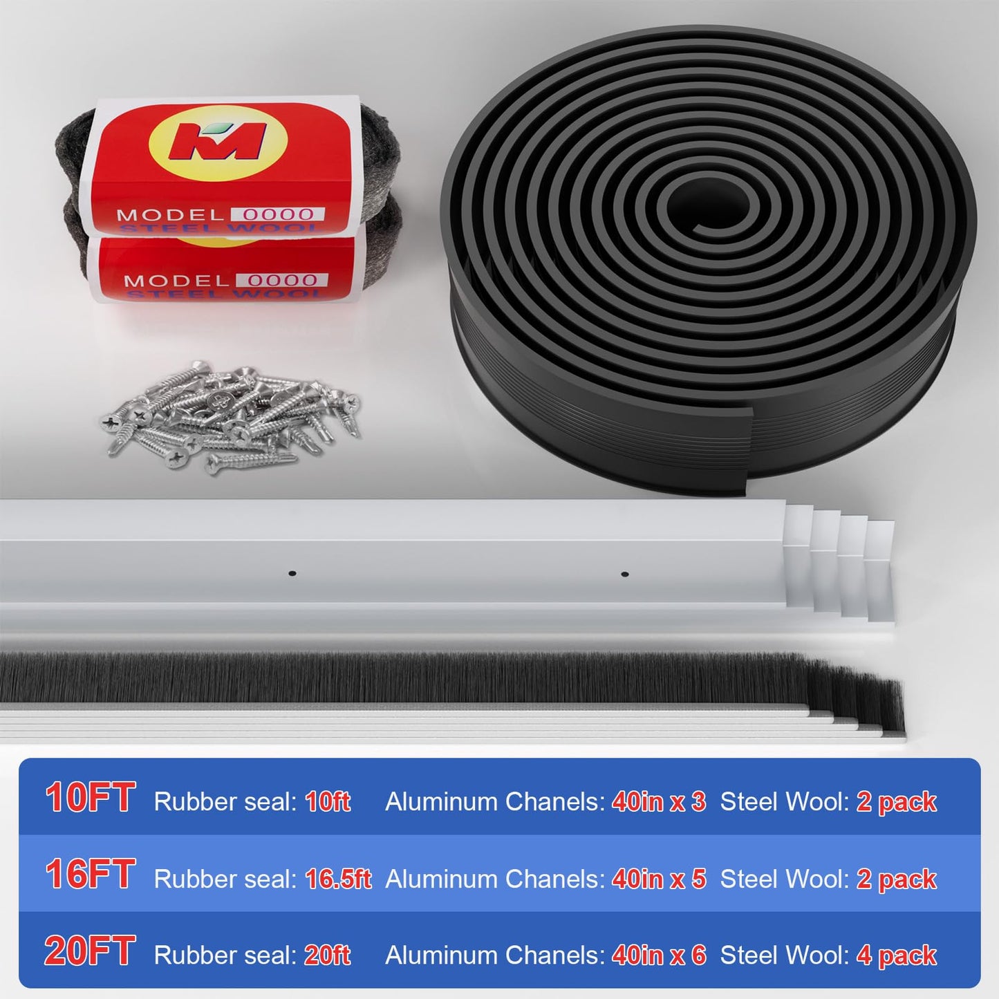 Garage Door Seals, Heavy-Duty Garage Door Seals Bottom Rubber with Rodent Proof Steel Wool, Aluminum Track Retainer Base with Brush Seal Kit, Universal Garage Weather Stripping Kit (16.5ft)