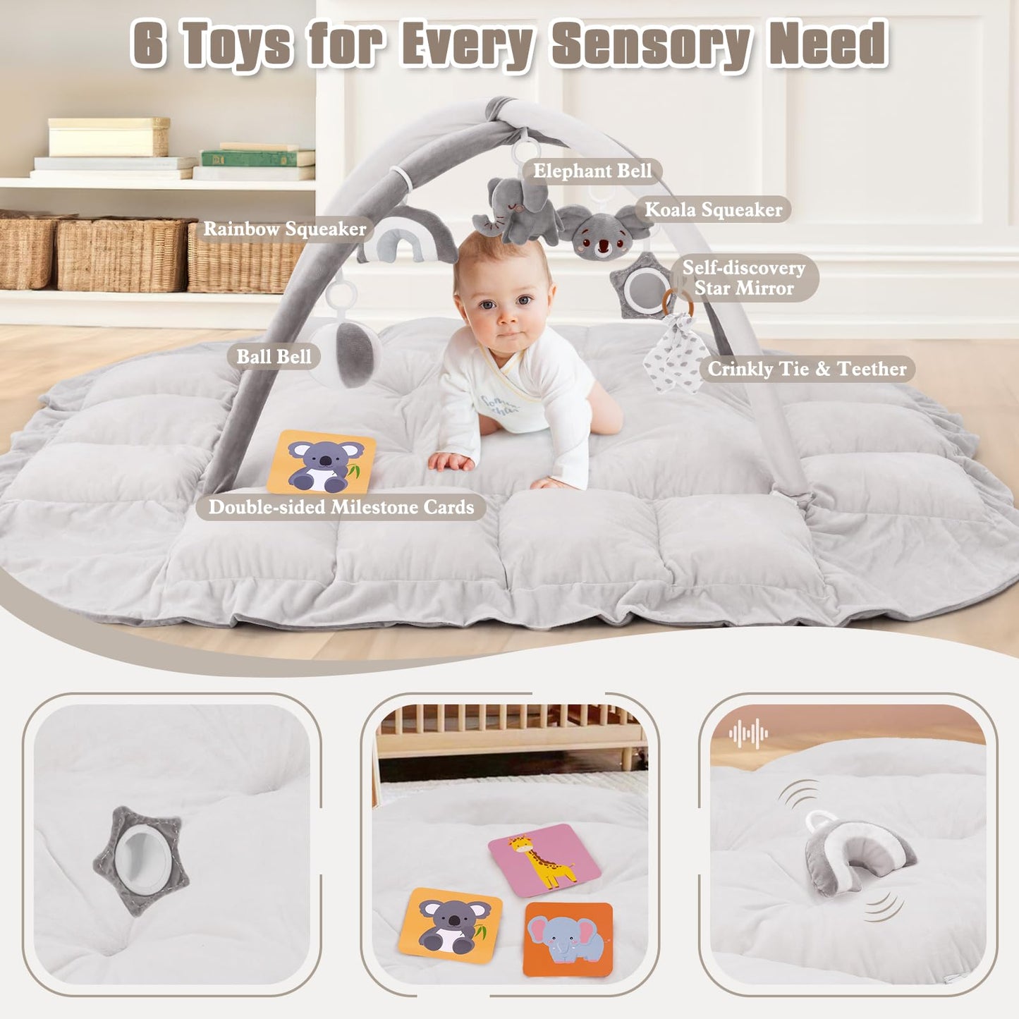 5-in-1 Plush Baby Play Gym, Baby Play Mats, Convertible Baby Gym, Tummy time mat, 6 Sensory Toys, Activity Center, Ball Pit, Grey