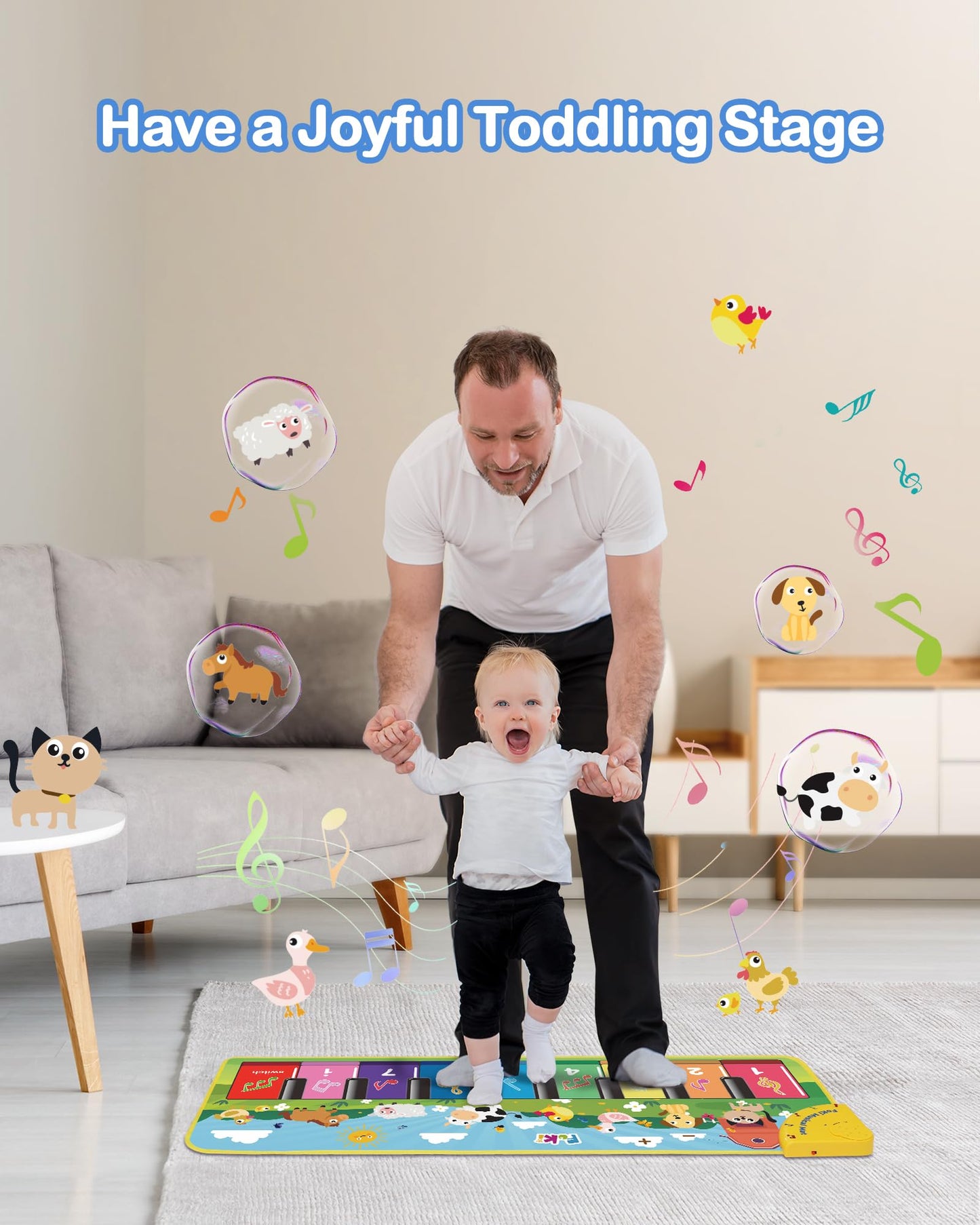 FOKI Floor Piano Mat for Toddlers, Sensory Educational Dancing Musical Keyboard Carpet Toy, Animal Sounds Touch Playmat Blanket, for 1 to 5 Years Old Boy and Girl