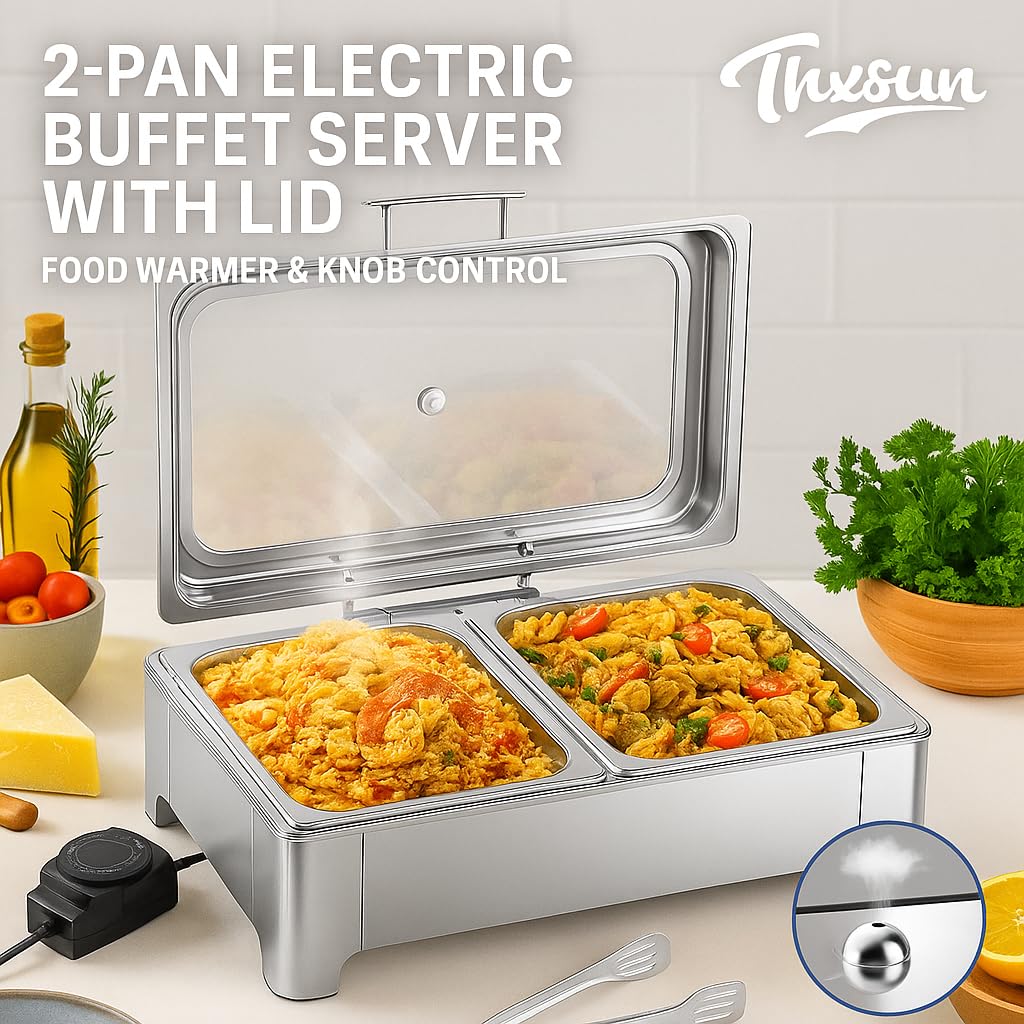 THXSUN Electric Chafing Dish Set, Dual 4.5QT Electric Buffet Server, Half Size Roll Top Stainless Steel Food Warmers with Temperature Control for Catering & Events
