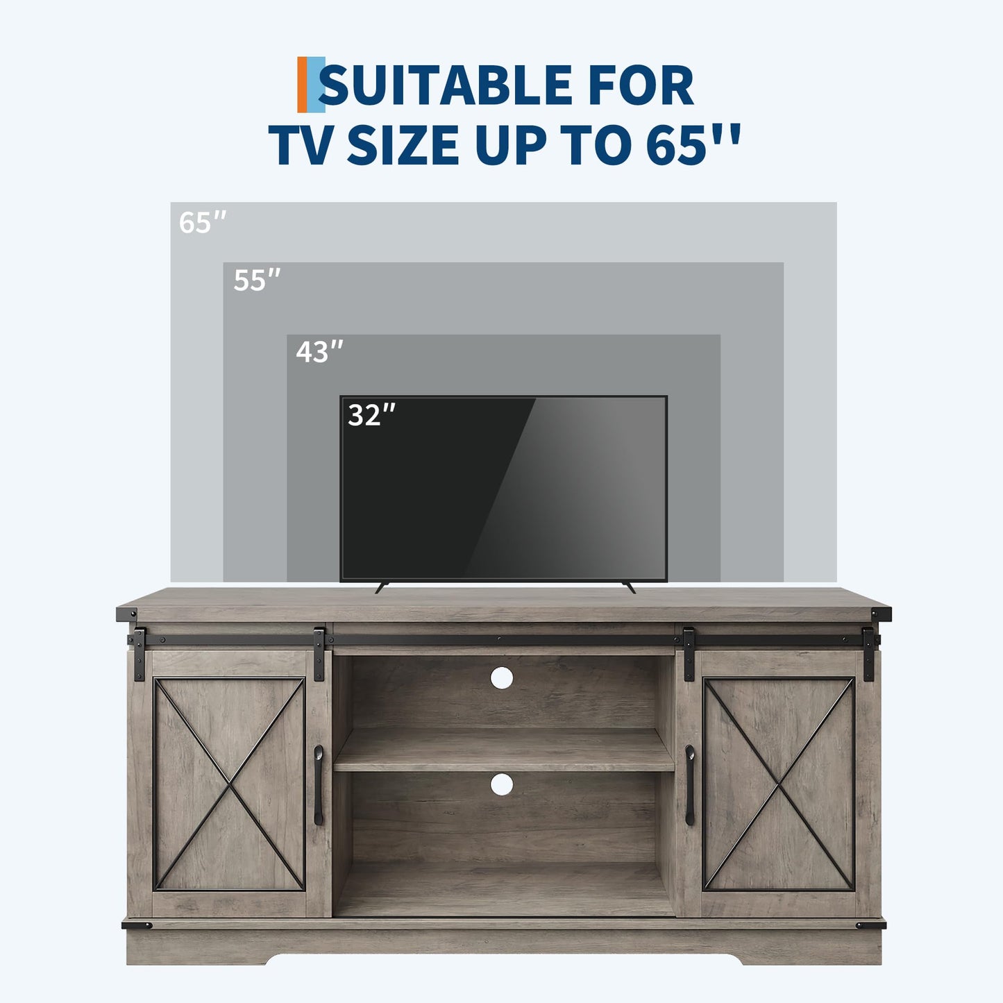 IDEALHOUSE Farmhouse TV Stand and Entertainment Center for Tv up to 65 inches with Sliding Barn Doors and Adjustable Shelf, Tv Media Console Table with Storage Cabinet for Living Room, Grey