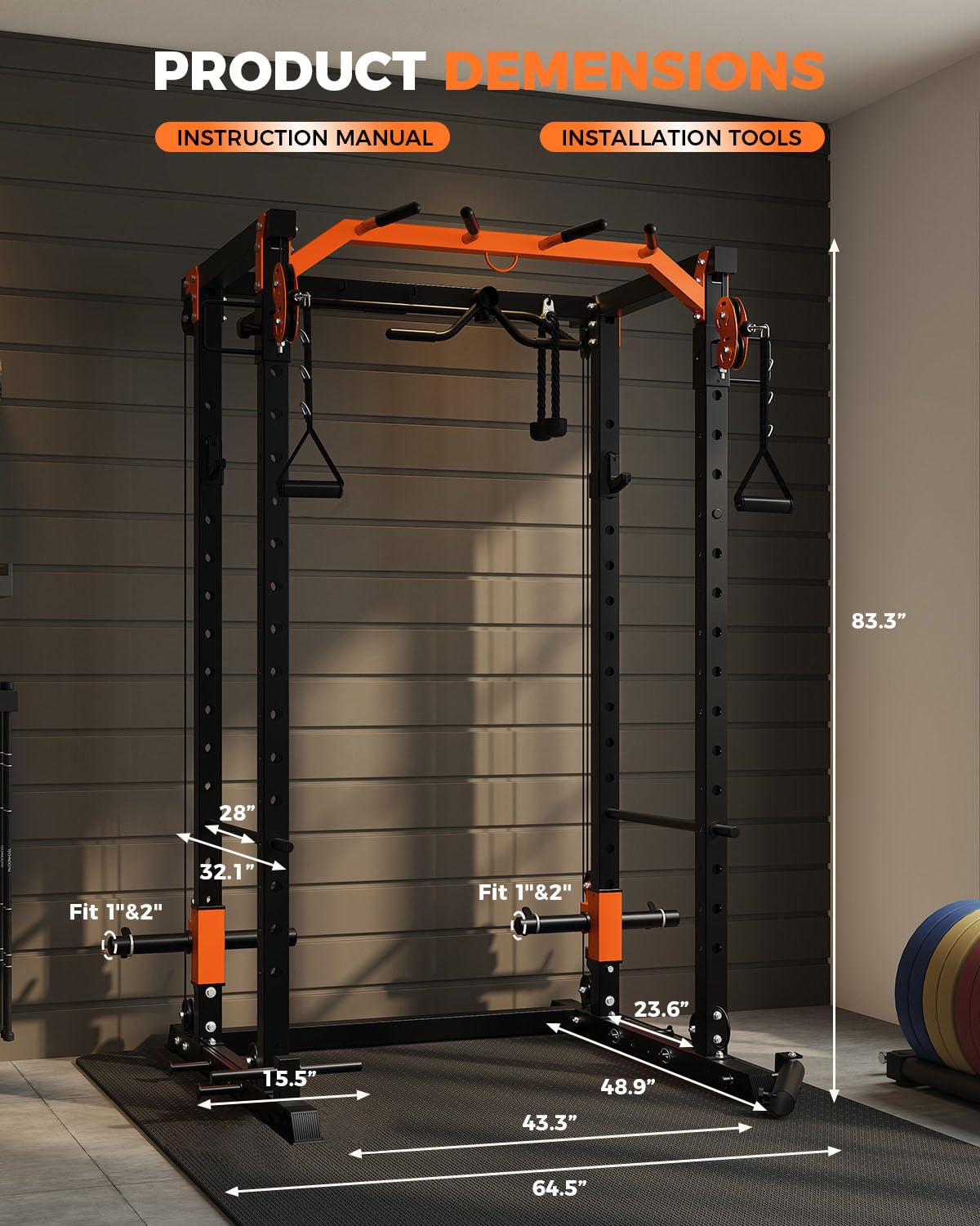 Garvee Power Cage, Power Rack with Cable Crossover System, 2000LBS Squat Rack with LAT Pull Down System, Workout Cage with Pulley System for Fitness Home Gym Strength Training, Orange & Black