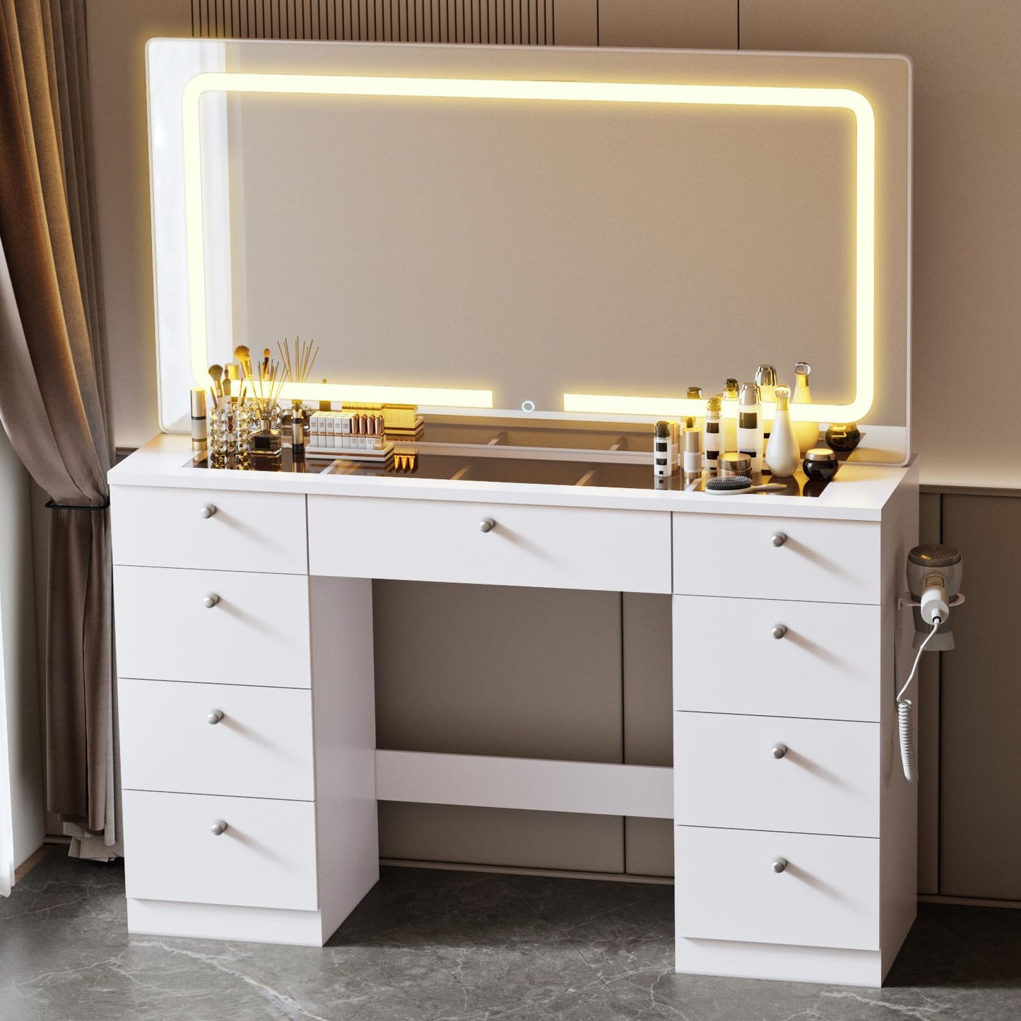 JassmiPkwy 46 INCH Makeup Vanity Desk with Mirror - Glass Tabletop Vanity Table with Lights, Drawers, Power Outlet, Large Storage Desk for Bedroom, White