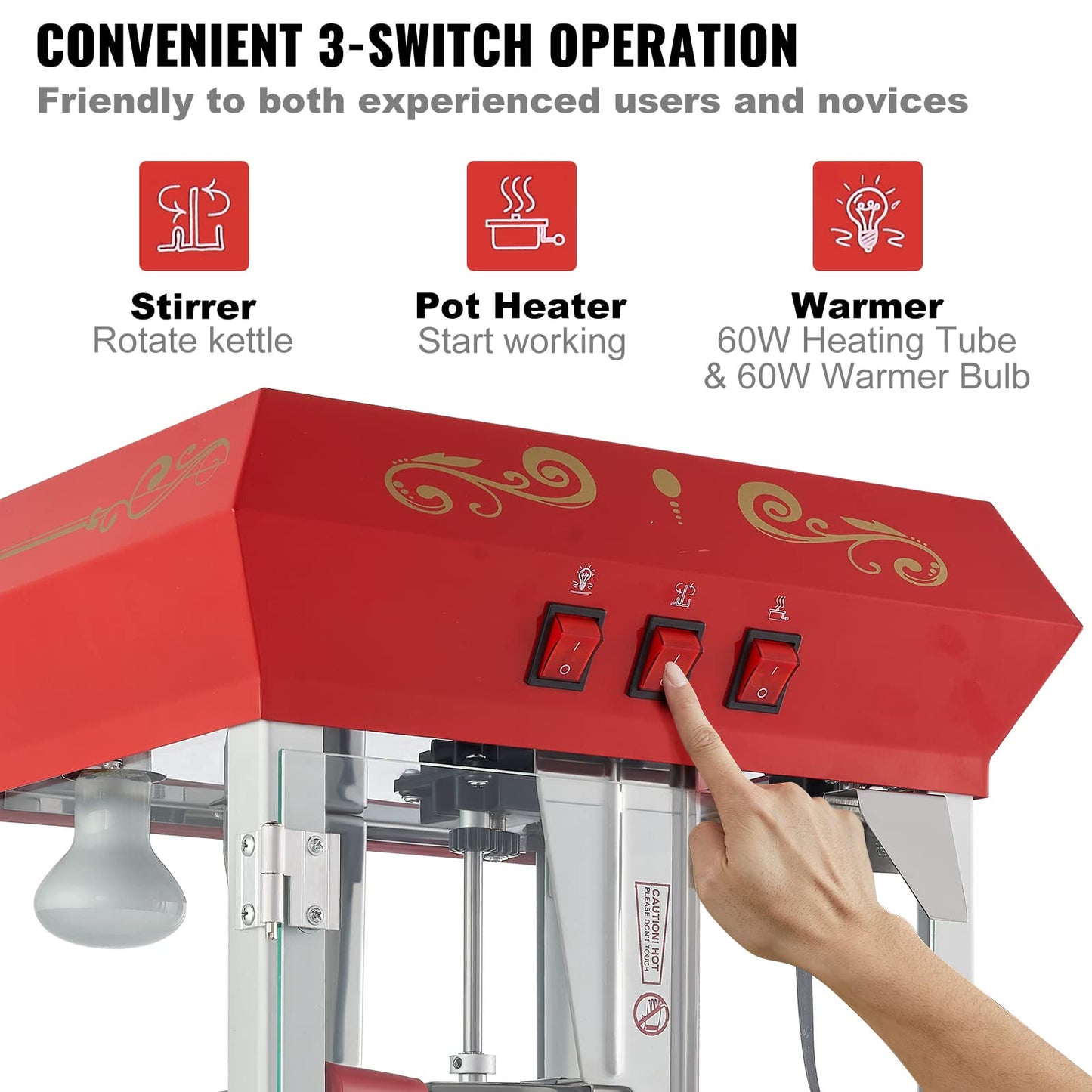 VEVOR Commercial Popcorn Machine, 8 Oz Kettle, 850 W Popcorn Maker on Wheels for 48 Cups per Batch, Theater Style Popper with 3-Switch Control Steel Frame Tempered Glass Doors Cart 1 Scoop 2 Spoons