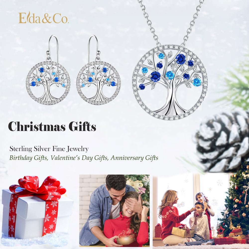 Tree of Life Jewelry Necklace Earrings Set Women March Birthstone Birthday Gifts Wife Mom Aquamarine Sapphire Sterling Silver