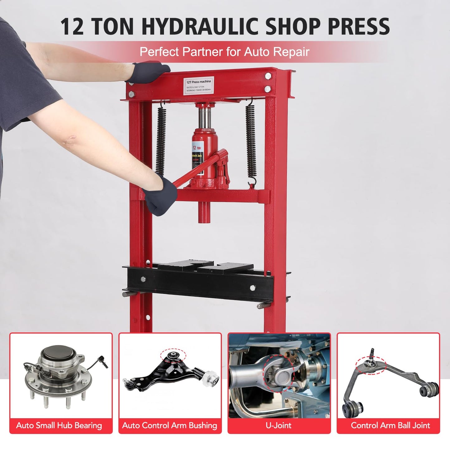 12 T Hydraulic Shop Press, H-Frame, 8-Hold Adjustable Height, with Movable Plates and Dust Cover, for Garage or Professional Users, Red