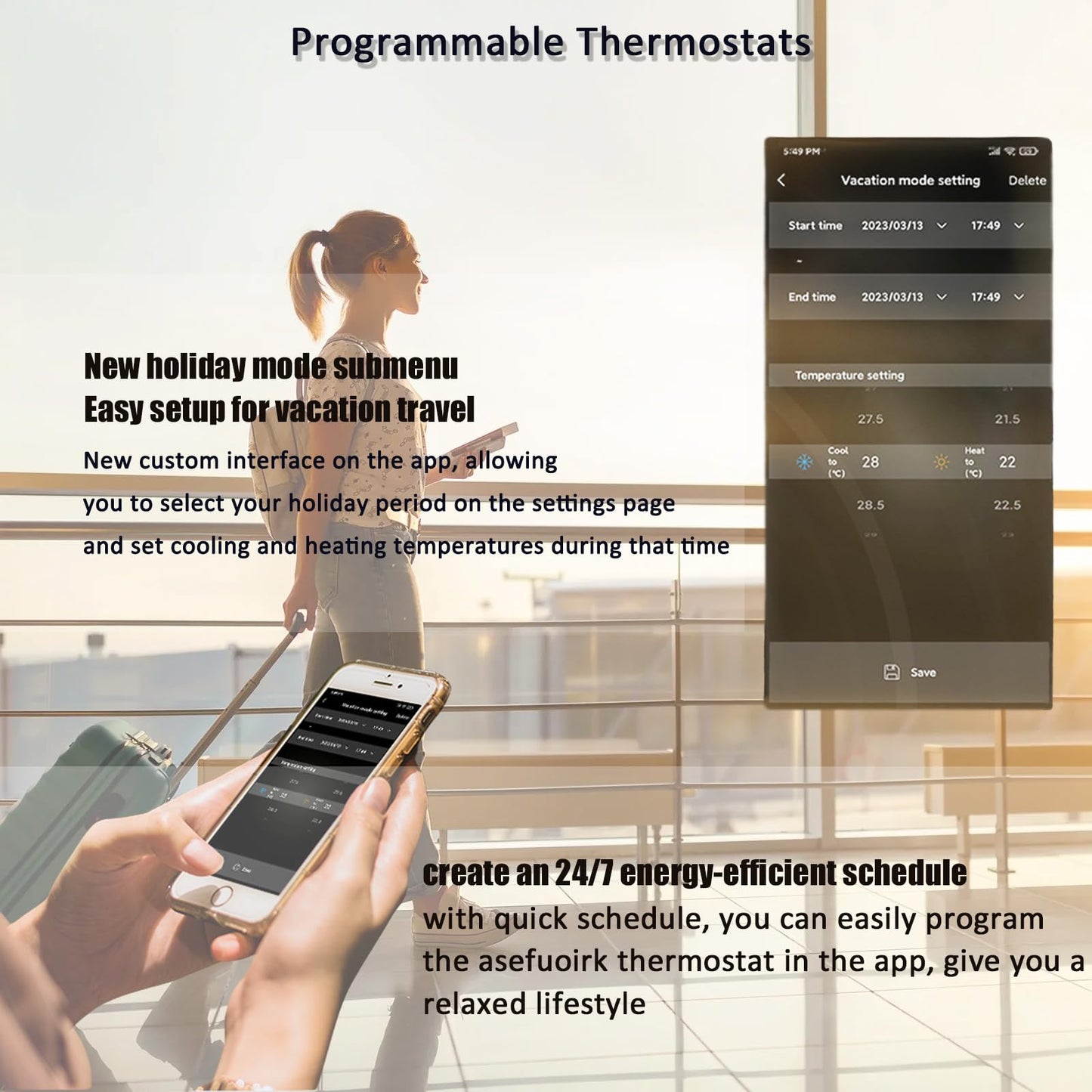 Bestechy Smart Thermostats for Home, Digital Thermostat with App, WiFi Thermostats for Home Heat Pumps, Cooling Heating & Auto, Includes C-Wire Adapter, LCD Screen/Voice Control/Weather/Energy Saving