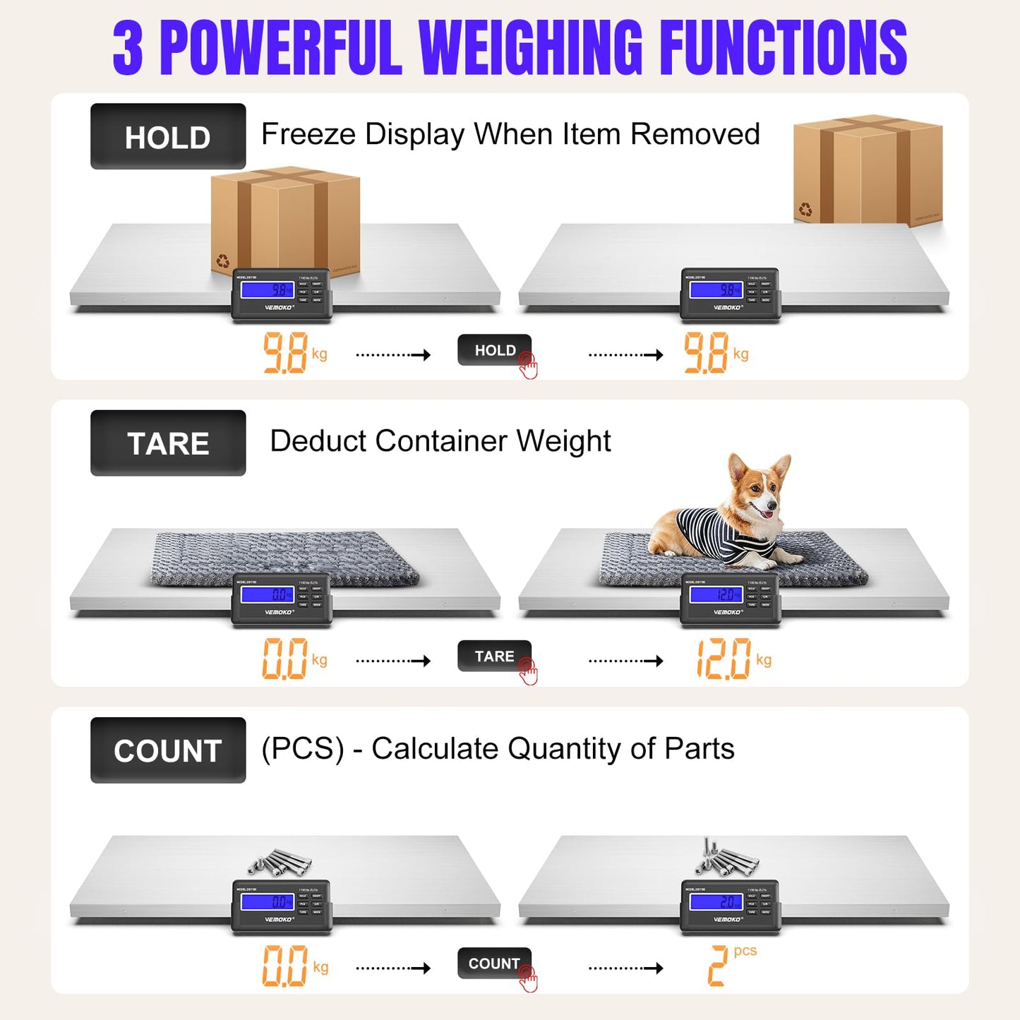 VEMOKO Precision Large Dog Scale - 1100lb x 0.2lb Large Breed Animal Livestock Weight Scale, Pet Scale PVC Non-Slip Mat Stainless Steel Platform for Dogs (Smooth Platform)