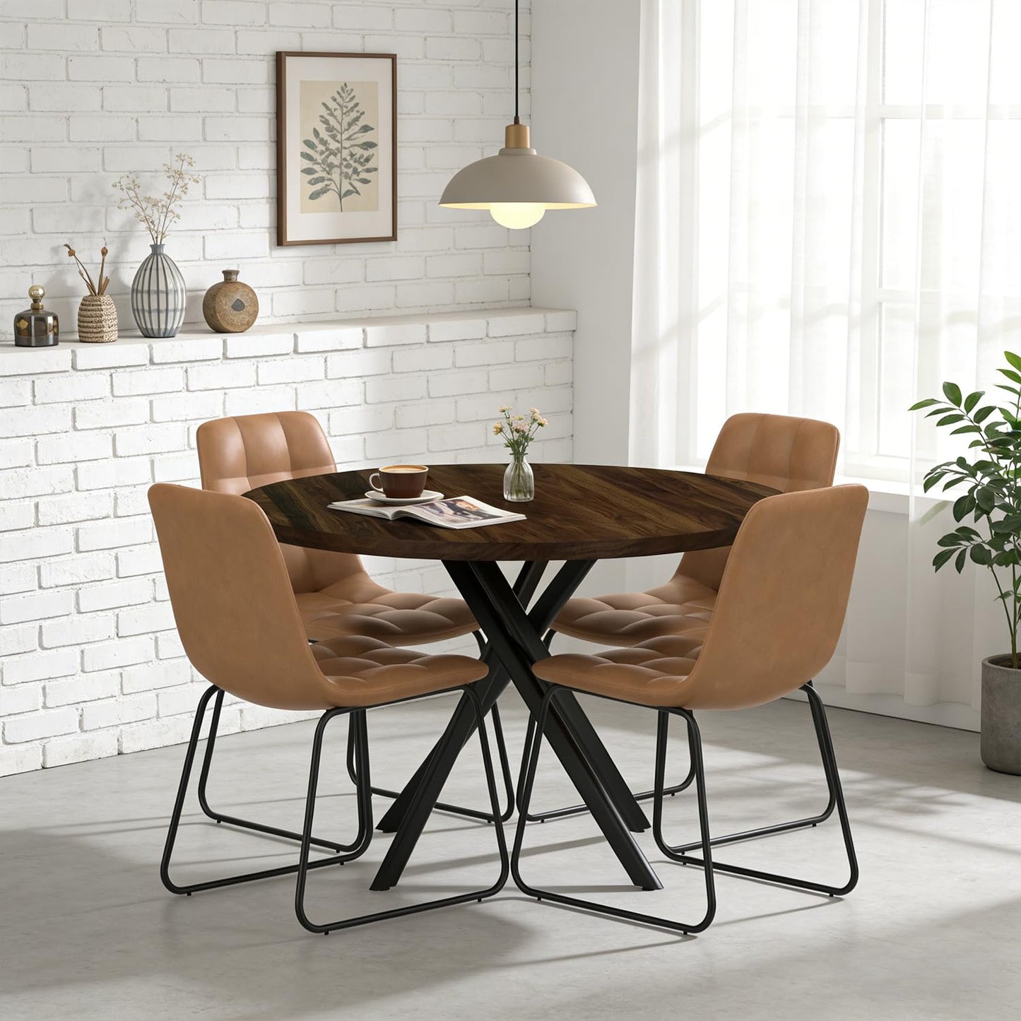 domusdisn 44" Round Dining Table with Cozy Chair Set for 4, Modern Mid-Century Dining Table Set of 4, Dinette Sets with Metal Leg for Kitchen Dining Room Apartment(Walnut Table + Brown Chairs)