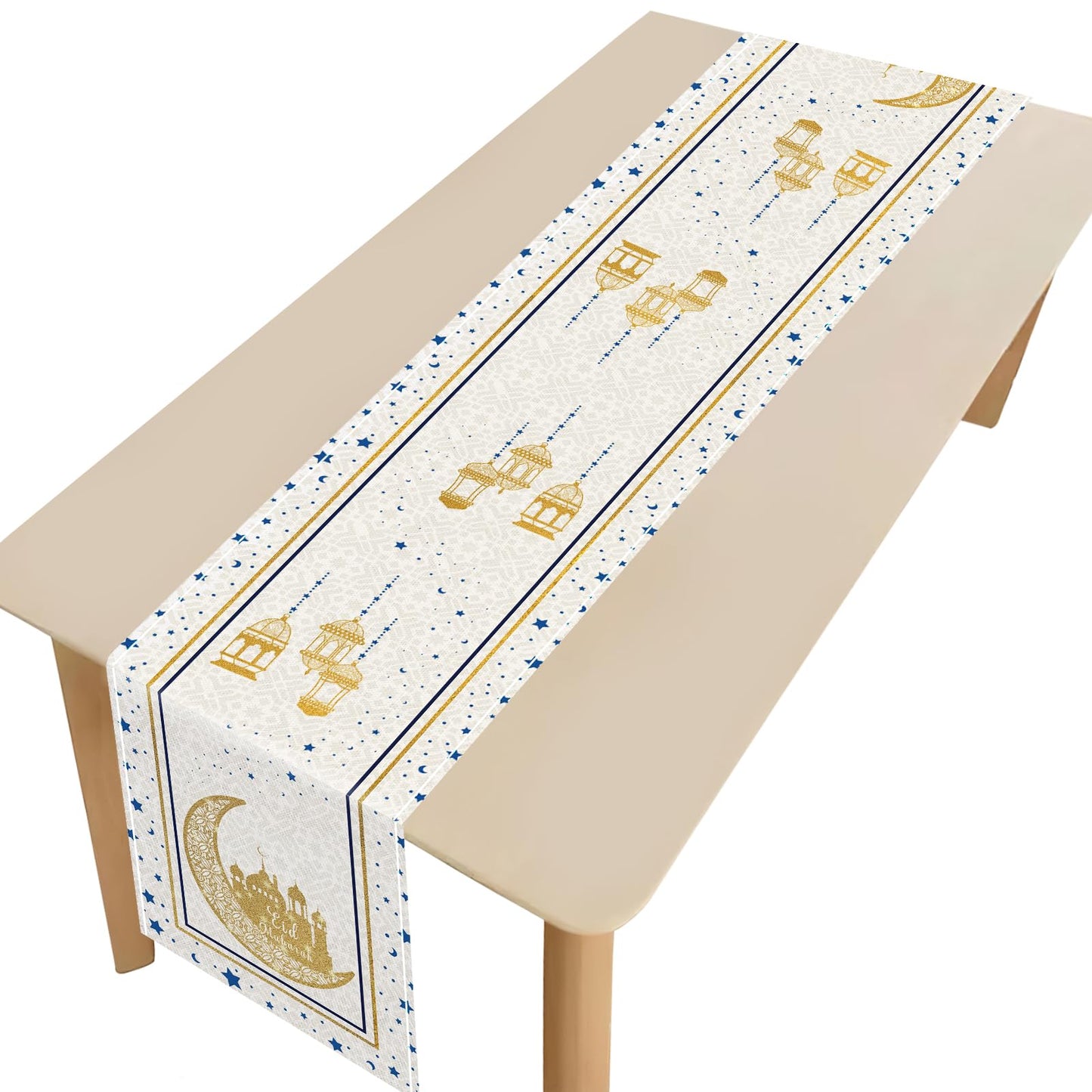Eid Mubarak Table Runner Decoration, Ramadan Mosque Gold Moon Stars Islamic Happy Holiday for Dining Party Table Decorations Home,13x72 Inches (Beige)
