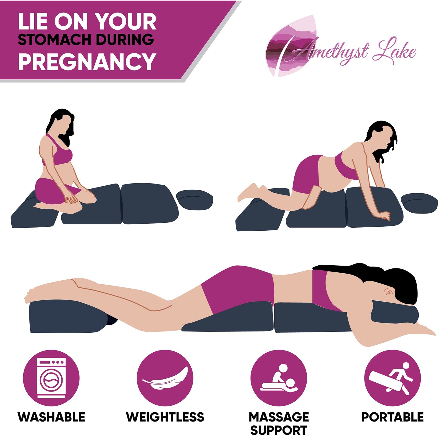 Amethyst Lake Pregnancy Massage Cushion with Headrest – Full Body Prenatal Bolster Positioning System – Ideal for Lower Back Pain and After Breast Surgery - White