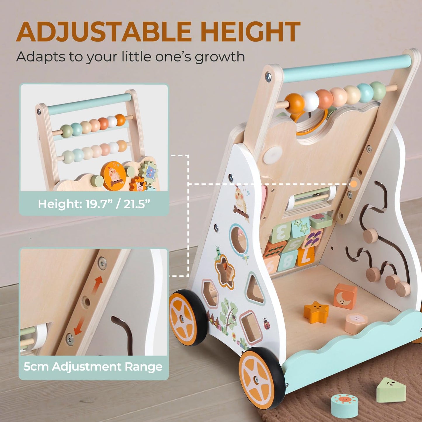 Baby Push Walker, Wooden Baby Walker with Wheels, Montessori Activity Center for 1 2 3 Years Old Boys Girls, Adjustable Speed & Height Push Toy for Toddler Learning to Walk, Kids Development Gift