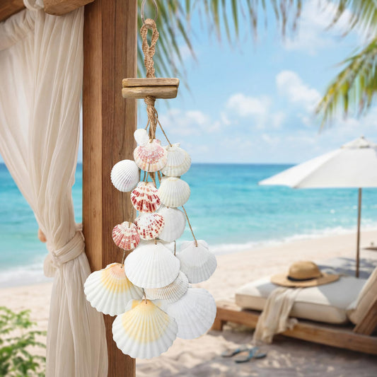 Novabright Wooden Beach Seashell Wall Hanging Decor Driftwood Seashell Wall Decor Scallop Shells Bathroom Decorations for Home Indoor Outdoor Coastal Living Room Bedroom and Dining, 20inches