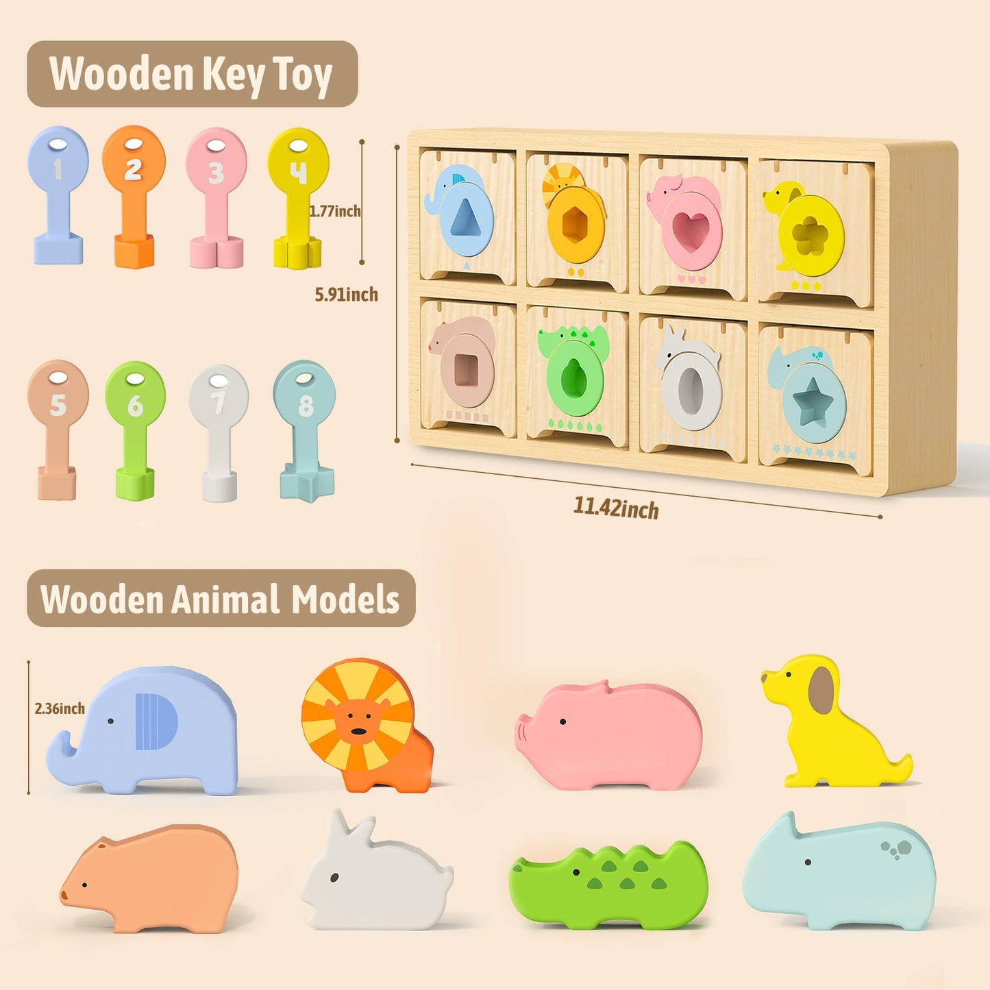 Montessori Toys for 2 year Old,Wooden Keys and Locks Set With 8 Wooden Animals and Keys,Learning Fine Motor Skills Toys for Toddlers,Preschool Educational Sorting Toys for 1-3 Boys and Girls Gift