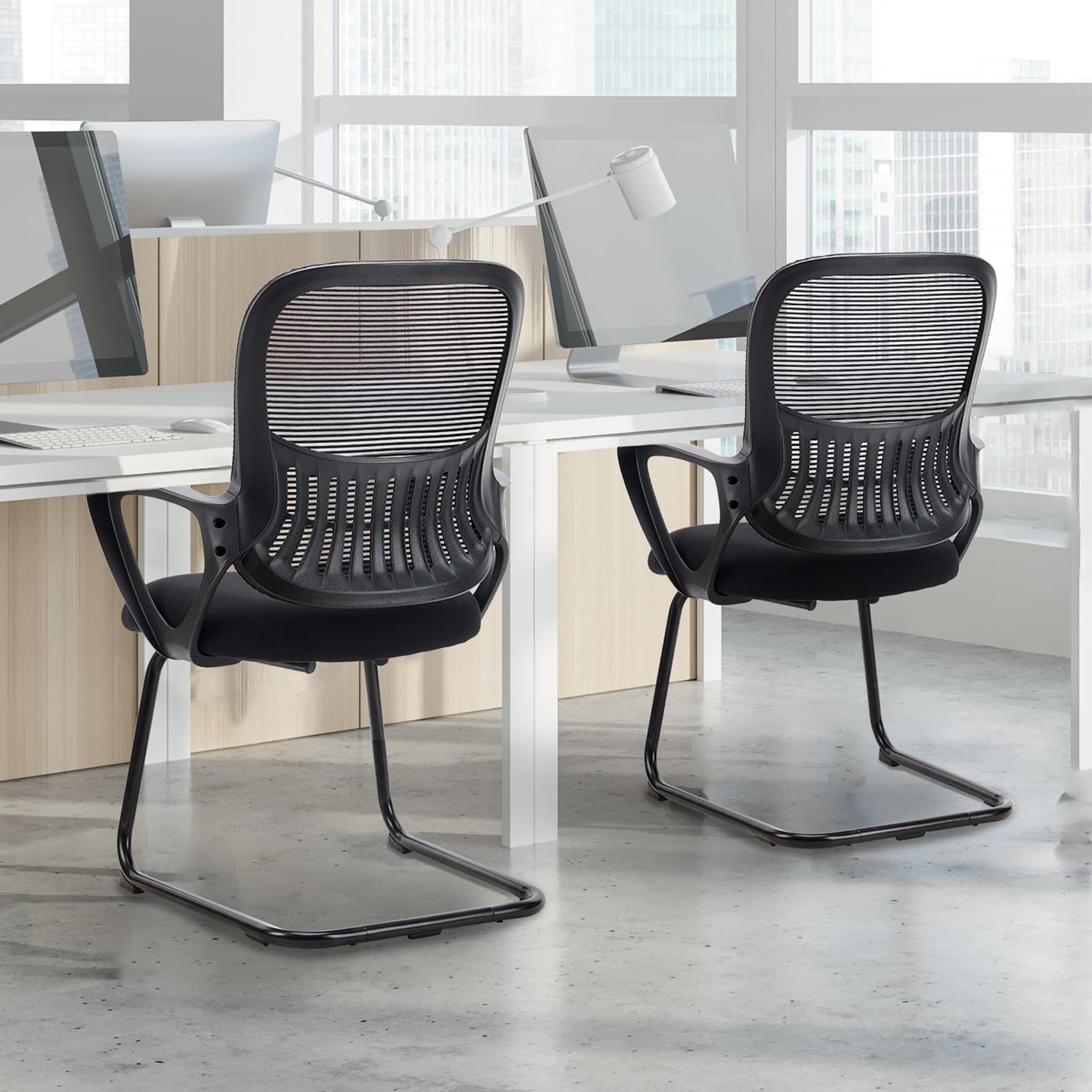 Sweetcrispy Reception Chair No Wheels, Stationary Non Rolling Mesh Mid Back Computer Guest Side with Lumbar Support for Waiting Area Reception Conference Room, Set of 4, Modern Black